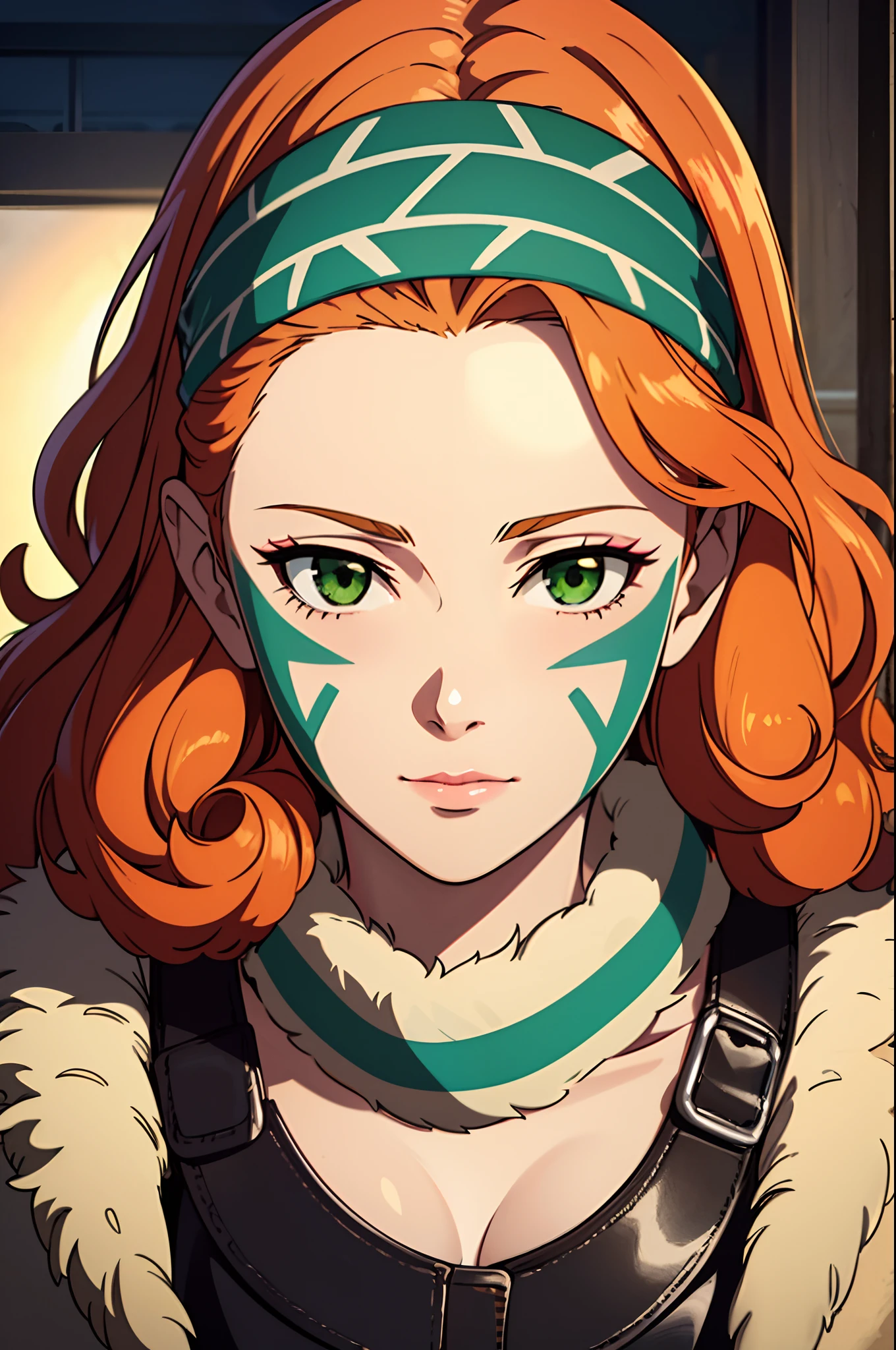 best quality, masterpiece,  (realistic:1.2), 1 girl, thick curly hair, messy hair, orange hair, perfect feminine face, almond-shape eyes, green eyes, in tribal clothing, headband, tribal headband, leather headband, fur trim, face painting