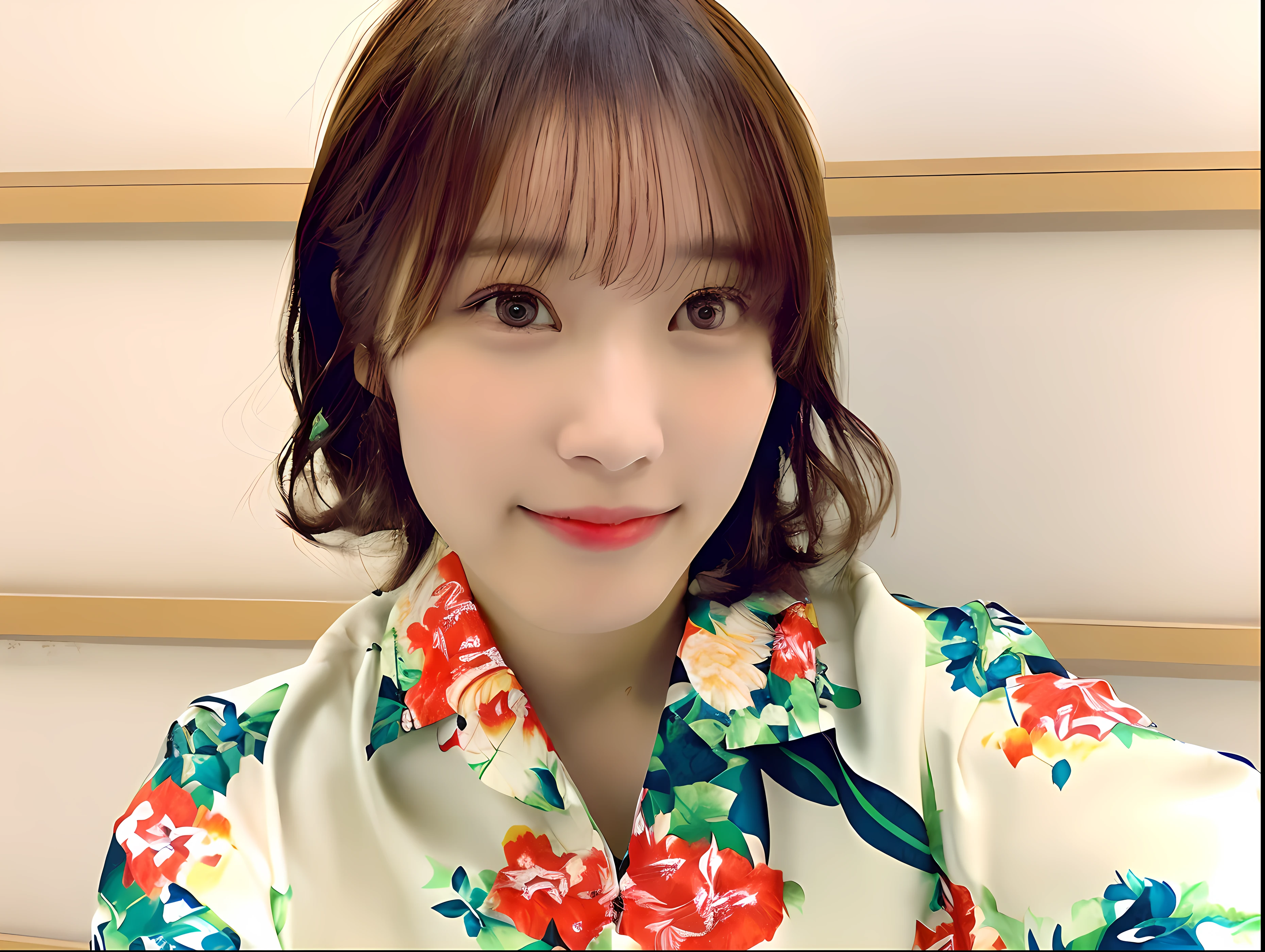 There is a woman taking a picture wearing a floral shirt, chiho, 奈良美智, sun yunjoo, Ayaka, narumi kakinouchi, by Ayami Kojima, Shiori Teshirogi, shikamimi, Larisa Manobal, Sui Ishida, With bangs
