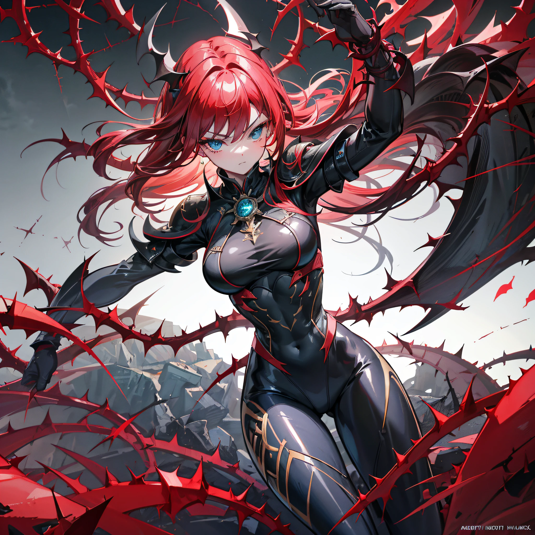 (Detailed light), (An extremely delicate and beautiful), volume light, Best shadow, Flash, Depth of field, Dynamic Angle, [NSFW:0.8], Oily skin ，one-girl，Serious，red tinted hair，Lake blue eyes，black reotard，black colored leggings，Combat posture，City night background，(A lot of thorns bind the girl:1.3),the bats，wounds，Physically-based rendering,Elaborate Eyes, Delicate eye features, Highest quality, Masterpiece, Works of masters, Extreme detail, Looking at you, High definition, Best quality, Highest picture quality, high resolution, Perfect facial features, High definition, illustration,Perfect face with properly thick legs，Elastic legs，Masterpiece, Best quality, Masterpiece,Best quality,offcial art, Extremely detailed Cg Unity 8K wallpaper