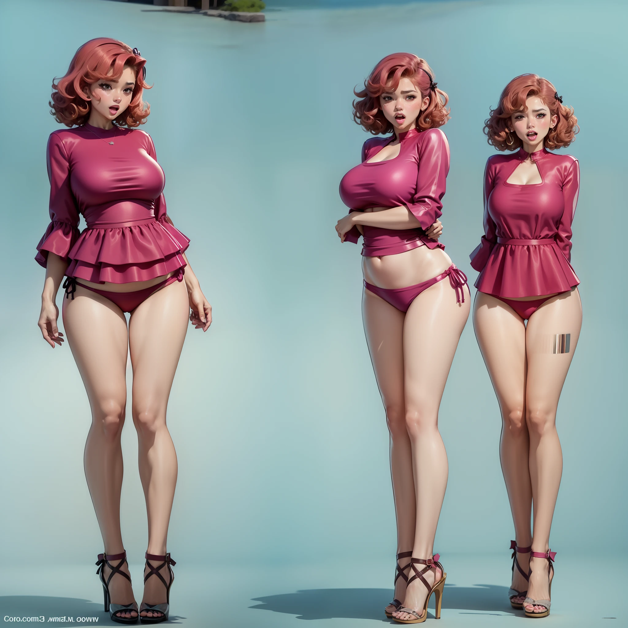 Women's swimwear bikini two-dimensional side fat big breasts,Big ass wet blush,Open mouth, short curly hair, full body wearing high heels