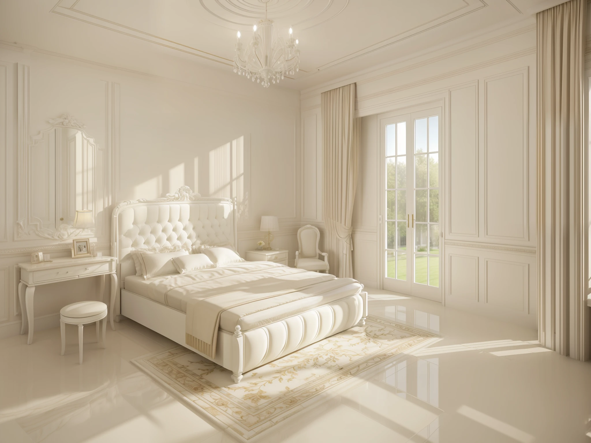 ((indoor neo classical bedroom scene)), morden bedroom (about bedroom:1.3), (realistic), (masterpiece), super detailed, ultra realistic, (full detail), (high quality), (8k resolution), large Glass door from the wall to the ceiling see outside, white curtain, day light, (whiten tone:1.5), wall art decoration, glass door, (white ceramic marble floor)