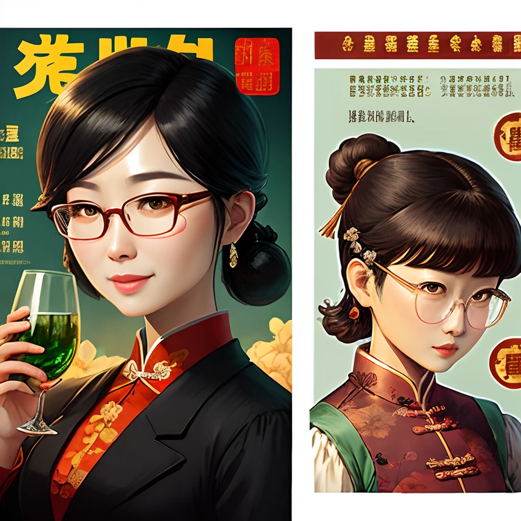 Antique Glasses Lady Chinese Style Comic Style