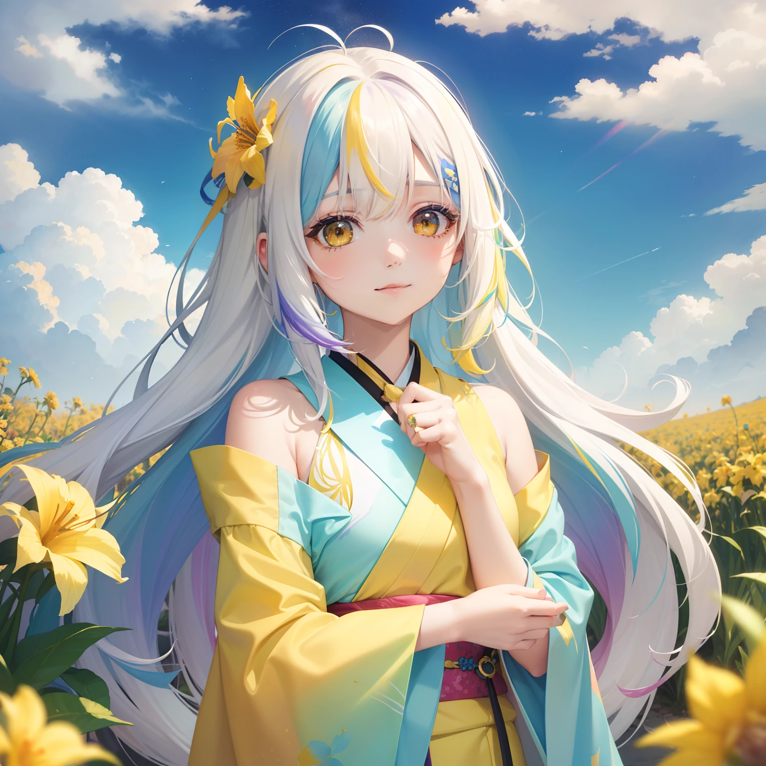 watercolor paiting(Beautifully Aesthetic:1.2)、(1girl in:1.3)、(colourful hair、half-yellow hair and half-white hair,:1.2)、natta、colourfull、starrysky、sacredness、Yellow irises flowers、Yellow irises are blooming、Fantastical、happily face、Wearing a yellow and white kimono、I believe、faithful、Rainbow Goddess