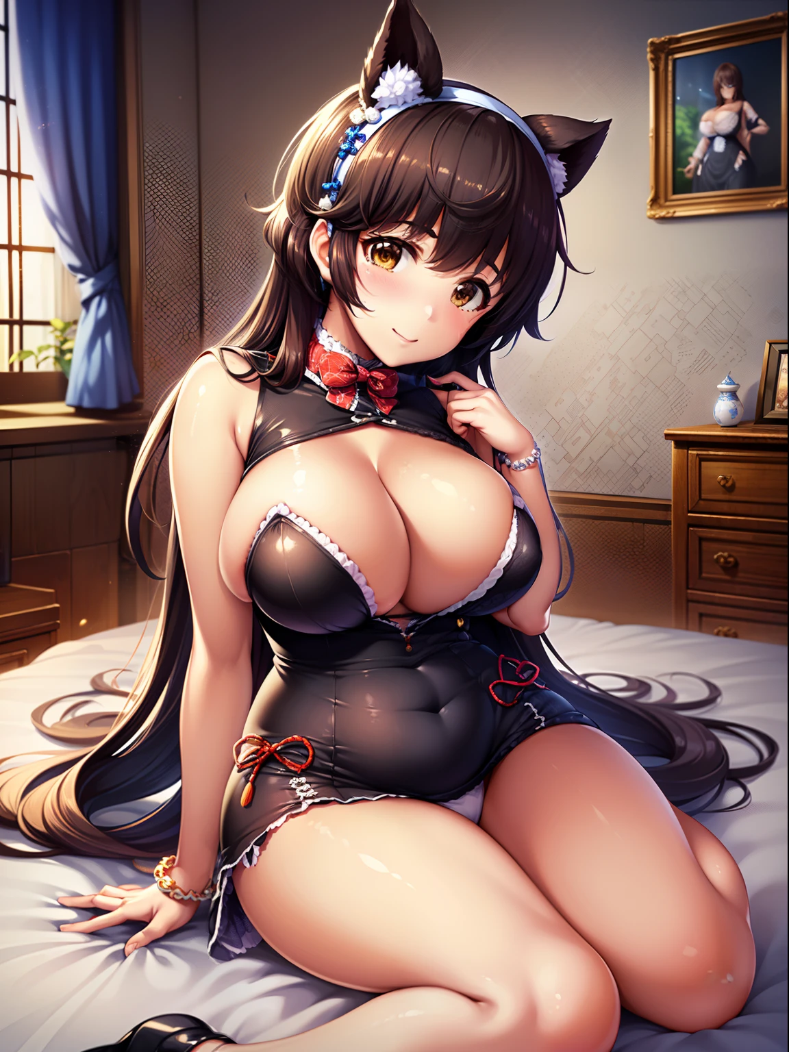 (masterpiece)), ((Top image quality)), (The ultra-detailliert), ((kawaii)), kawaii, (lovely), ((ighly detailed)), 4K, (8K), top-quality, (Beautiful fece), full bodyesbian, r, 独奏, ((huge tit)), ((droopy chest))), all-fours, ((Curvaceous)),
