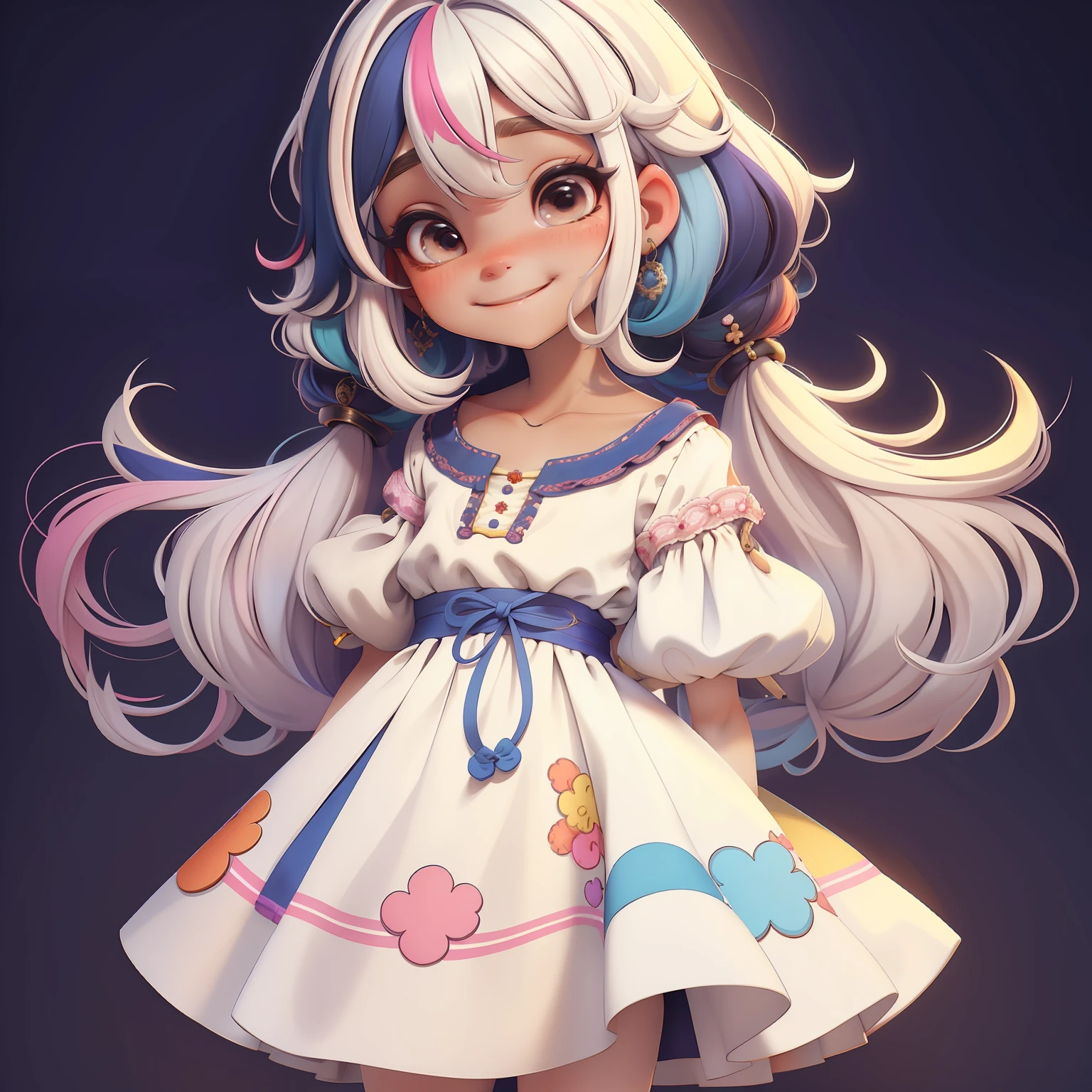 Loli girl, cabelo multicolorido estilo de cabelo, multicolorido, sorriso e olhos delicados, vestido de noite extravagante, fundo simples, Melhor Qualidade