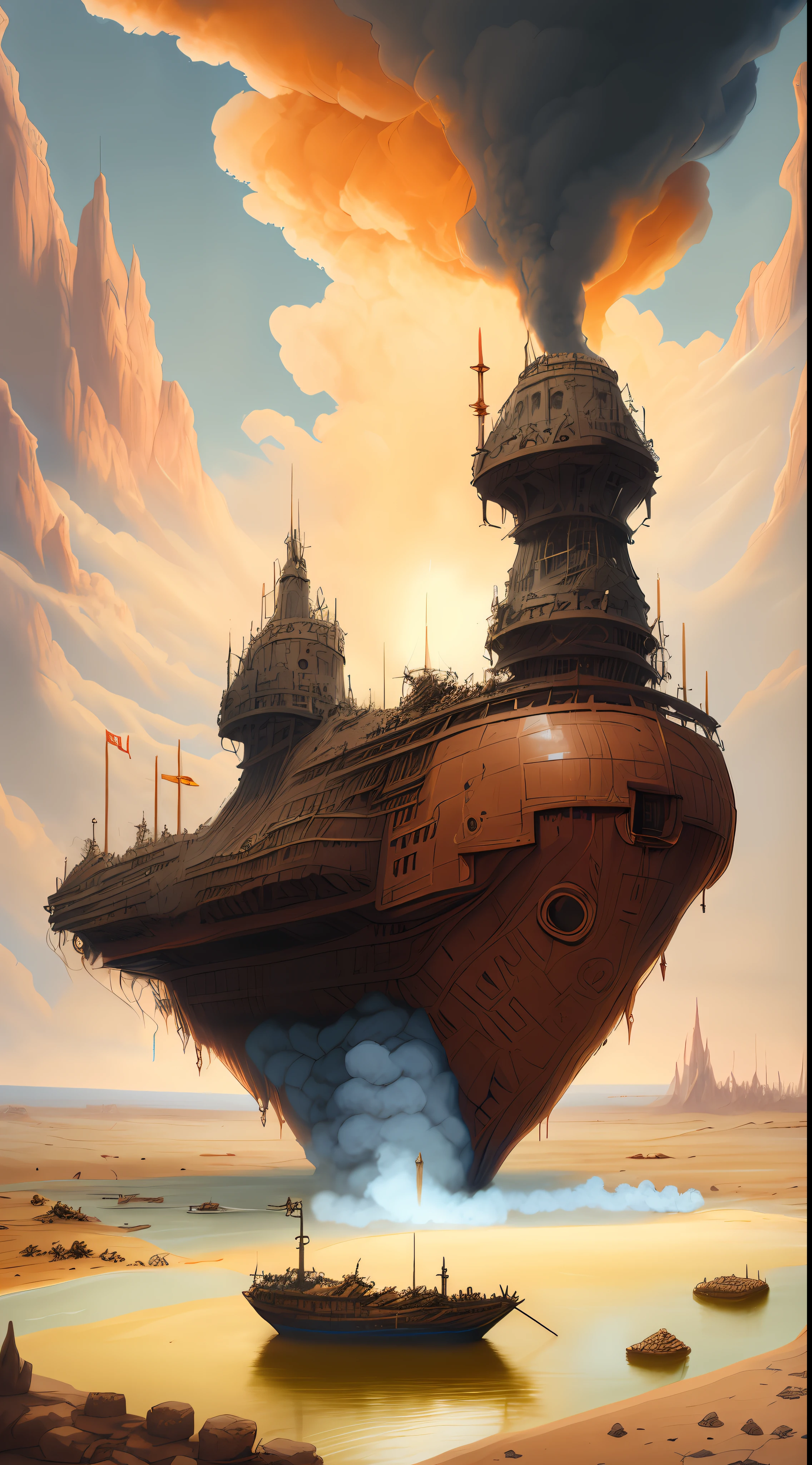 (BoneFortress:1) giant ship structure, body of water, smoke, desert castle in the sky