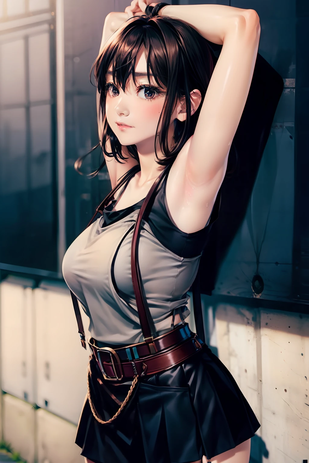 Colossal tits suspenders garterbelts Black stockings Black tank top Armpit sweat a miniskirt Brown hair Gray eyes Futomo hason Tight tank top Fold your hands behind your back a belt