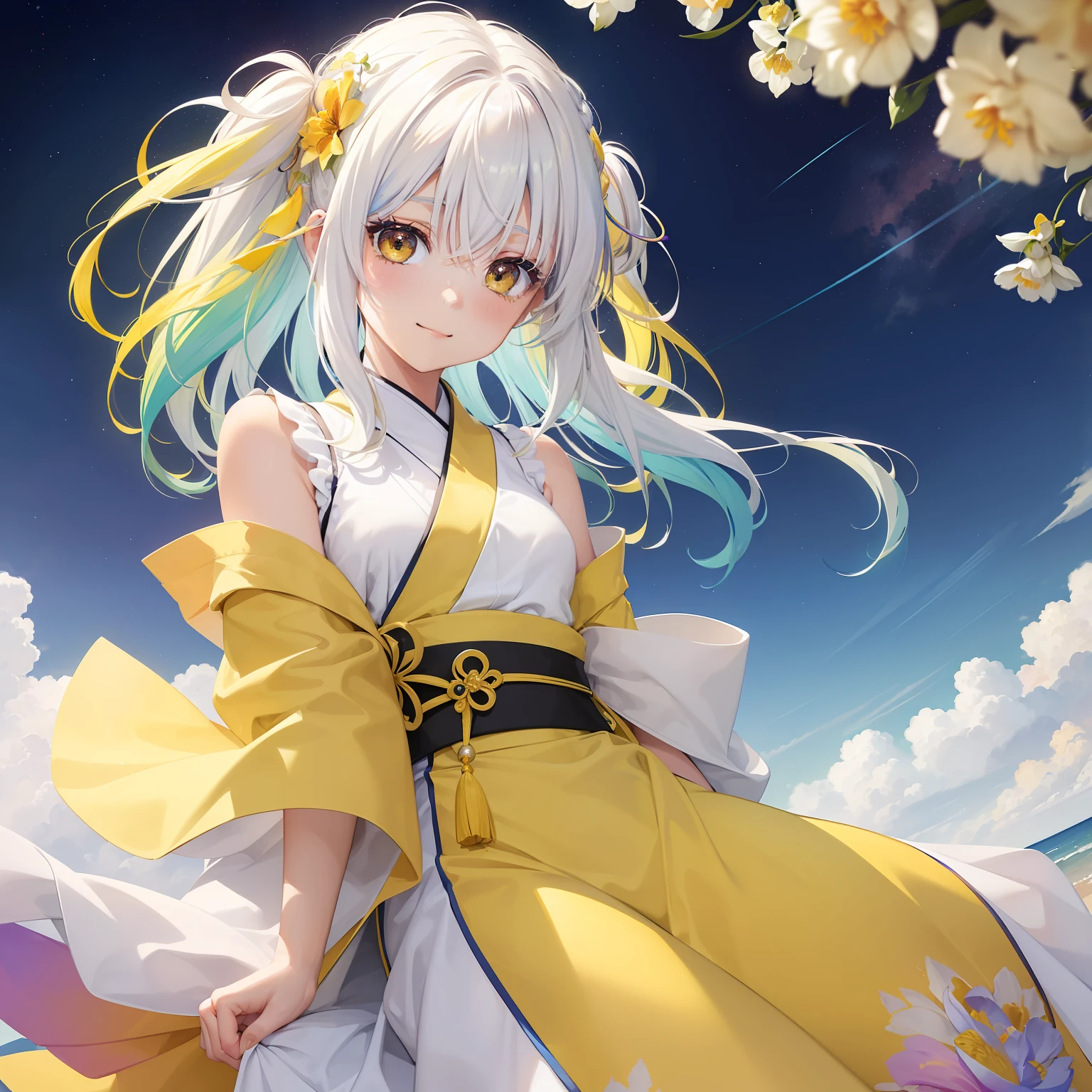 watercolor paiting(Beautifully Aesthetic:1.2)、(1girl in:1.3)、(colourful hair、half-yellow hair and half-white hair,:1.2)、natta、colourfull、starrysky、sacredness、Yellow irises flowers、Yellow irises are blooming、Fantastical、happily face、Wearing a yellow and white kimono、I believe、faithful、Rainbow Goddess