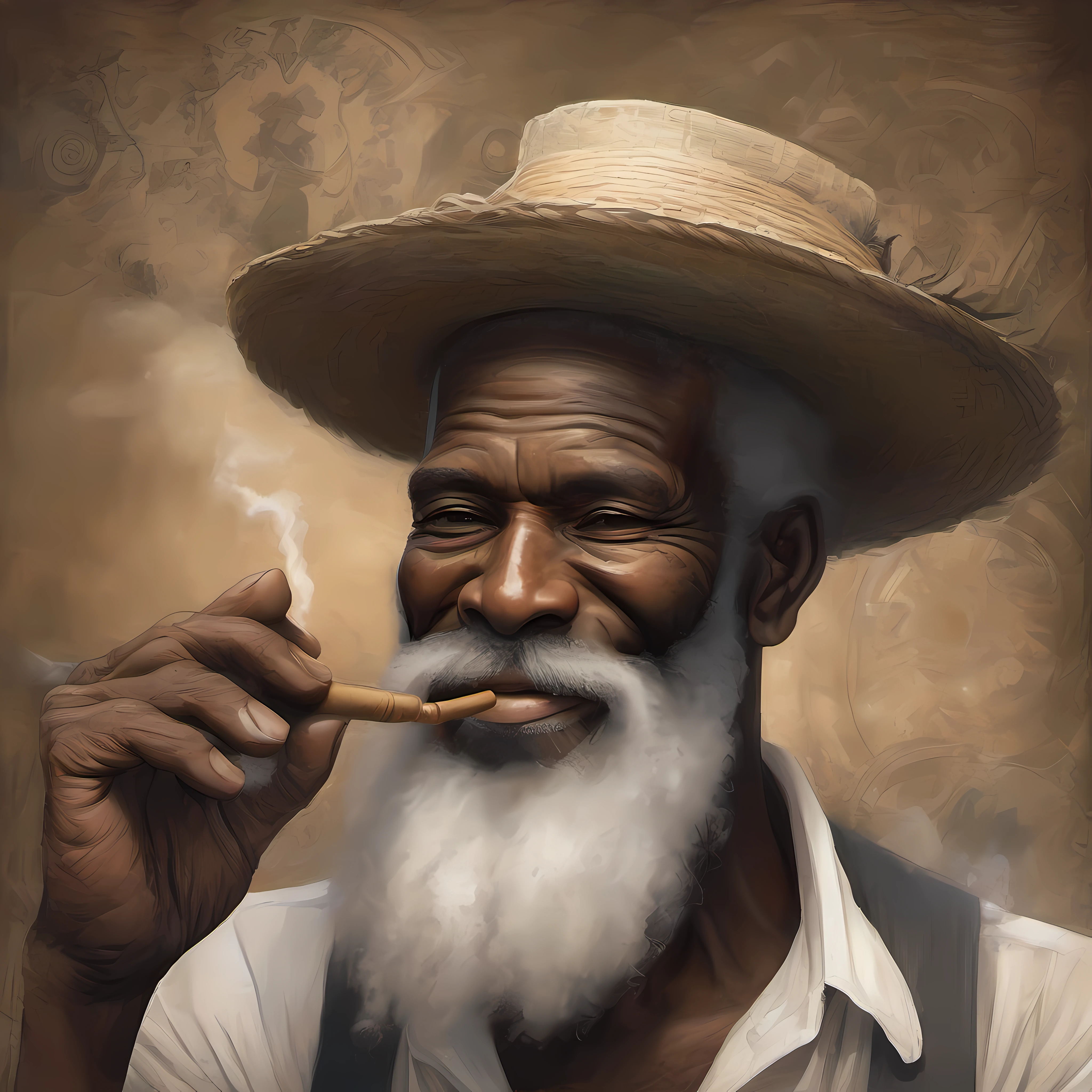 black man, old, Brazilian, with white beard, time of slavery, smoking a pipe, smiling shyly, black old man, straw hat, detailed face.