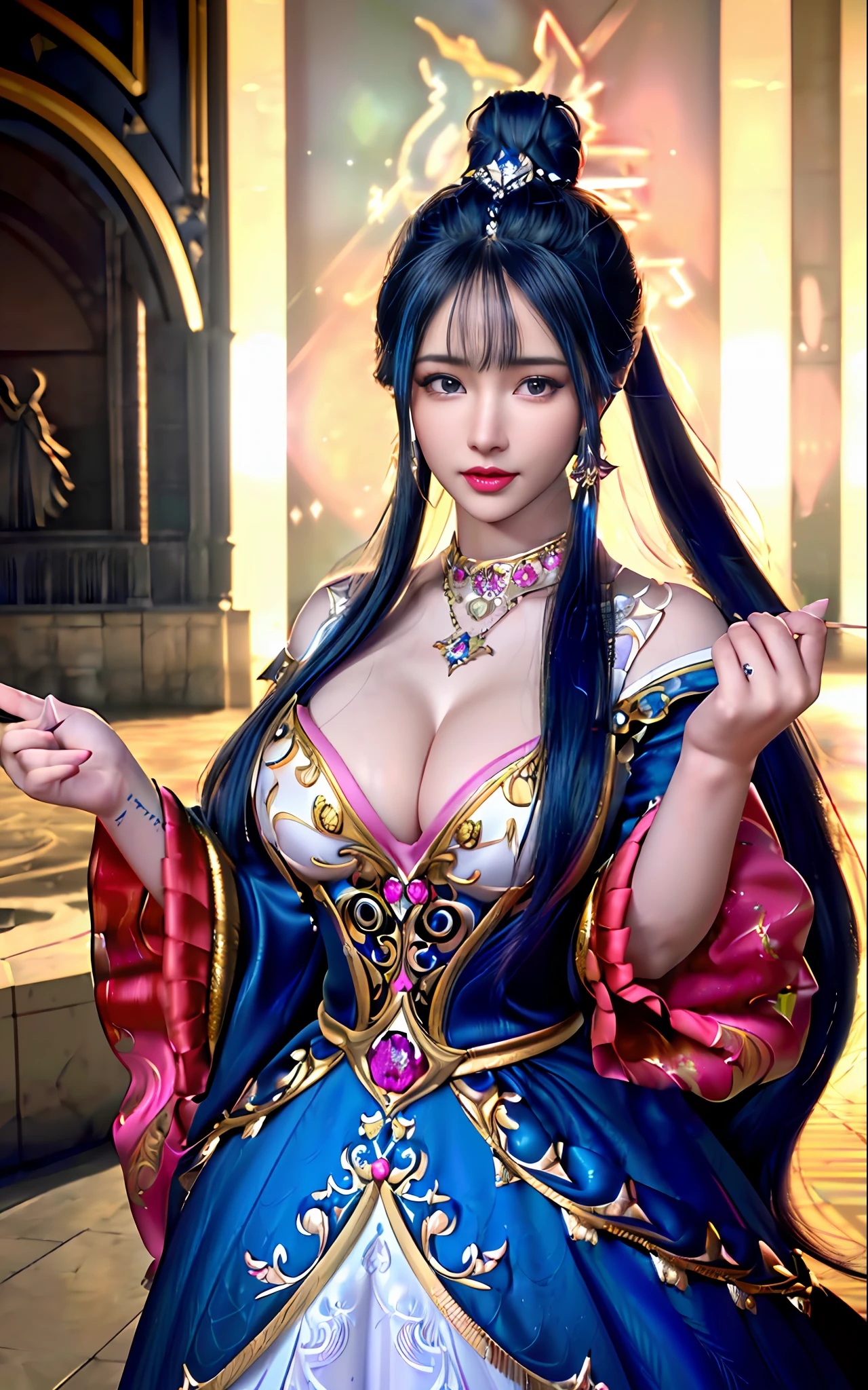 realisticity: 1.2)), ((realistic: 8K UHD)), ((best resolution: 8K UHD)), hyper detailed, best quality,masterpiece,highres,cg, ((1 girl hyper detailed and hyper realistic) ) , ((beautiful queen, hyper realistic and hyper detailed)),((white skin, beautiful, smooth, youthful, hyper realistic and hyper detailed )), ((Face hyper beautiful, white, hyper realistic and hyper detailed ) ), long hair, ((hyper realistic and hyper detailed dress)), solo, ((hyper realistic, hyper beautiful, beautiful and hyper detailed jewelry)), ((hyper beautiful deep red and golden yellow dress, hyper realistic and hyper detailed )) , ((Her pretty, hyper realistic, hyper detailed diamond filled earrings)), ((Her gorgeous diamond haircut, hyper realistic and hyper detailed)), ((hyper pretty upper body, hyper beautiful, hyper realistic and hyper detailed) ), ((medium breast: 1.5)), ((hyper realistic, hyper pretty, hyper detailed boobs)), ((the backgroun of the royal palace is hyper majestic, hyper realistic and hyper detailed)),((hands and palms hyper beautiful, hyper detailed, hyper realistic)), ((hyper detailed and hyper realistic fingers and fingernails)), ((posture not too fat and not too thin, hyper realistic, hyper detail)), ((hyper pretty, hyper pretty, hyper realistic and hyper detailed hair bun)), ((hyper pretty , hyper realistic and hyper detailed blue hair)), candid, Photo, high resolution, 8k , bokeh,