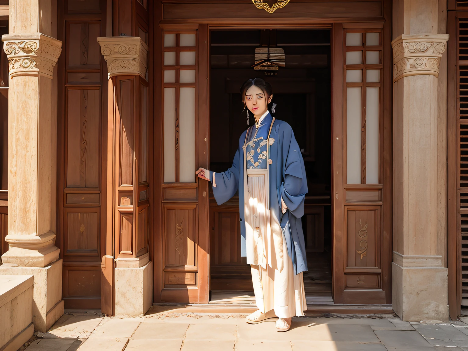 The Aalfed man stands in front of a stone building，Holding a sign, jinyiwei, clothed in ancient street wear, inspired by Zhang Zongcang, Inspired by Bian Shoumin, xintong chen, Inspired by Xiao Yuncong, Cai Xukun, with acient chinese clothes, inspired by Huang Gongwang, inspired by Li Rongjin