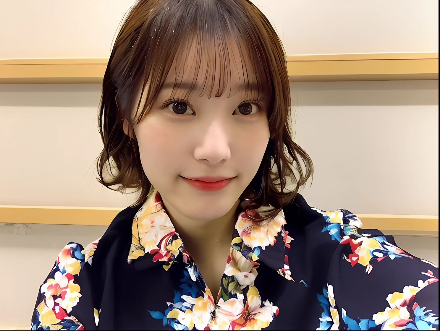 There is a woman taking a picture wearing a floral shirt, chiho, 奈良美智, sun yunjoo, Ayaka, narumi kakinouchi, by Ayami Kojima, Shiori Teshirogi, shikamimi, Larisa Manobal, Sui Ishida, With bangs