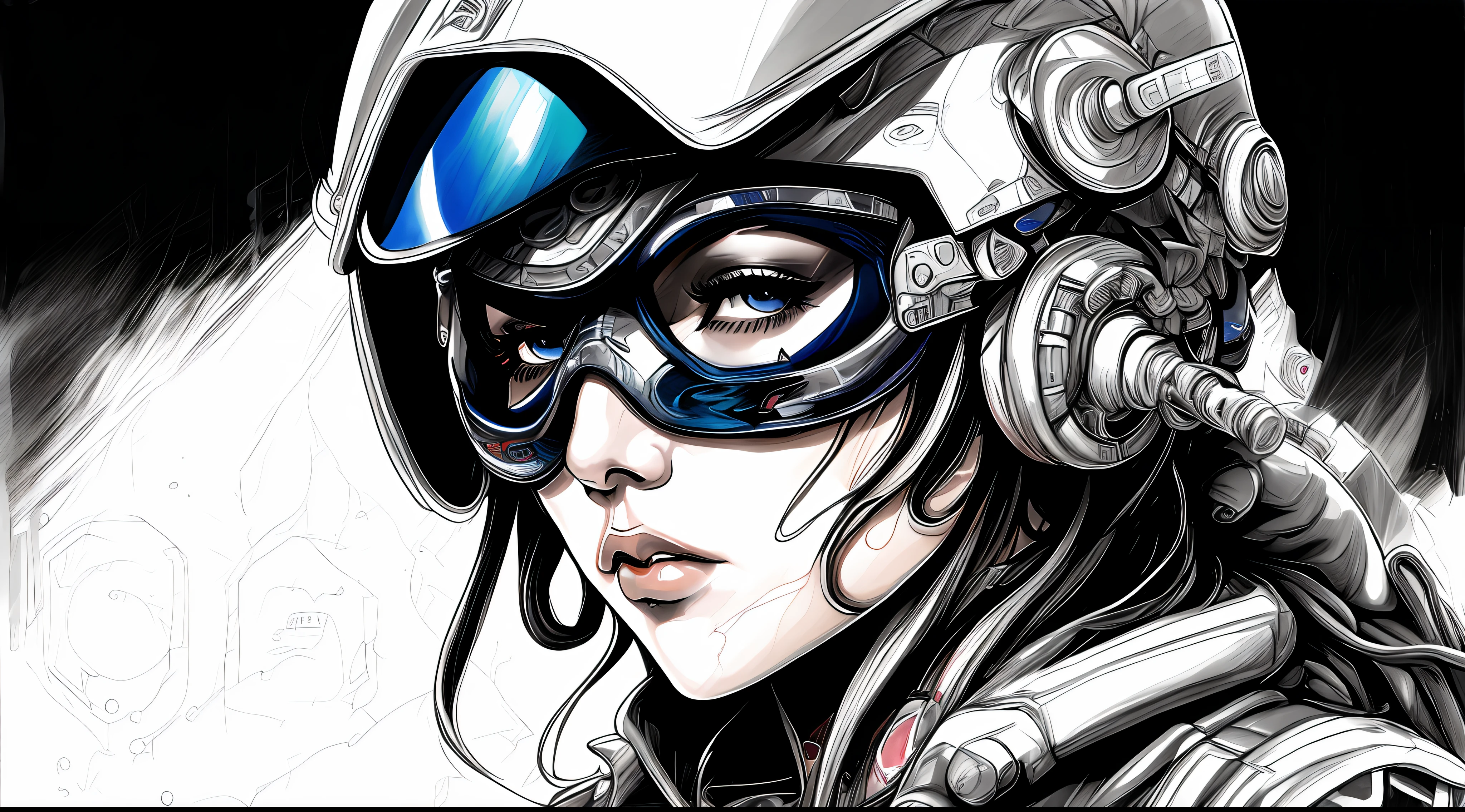 (BionicBikerGirl style:1) a drawing of a woman wearing a helmet and goggles