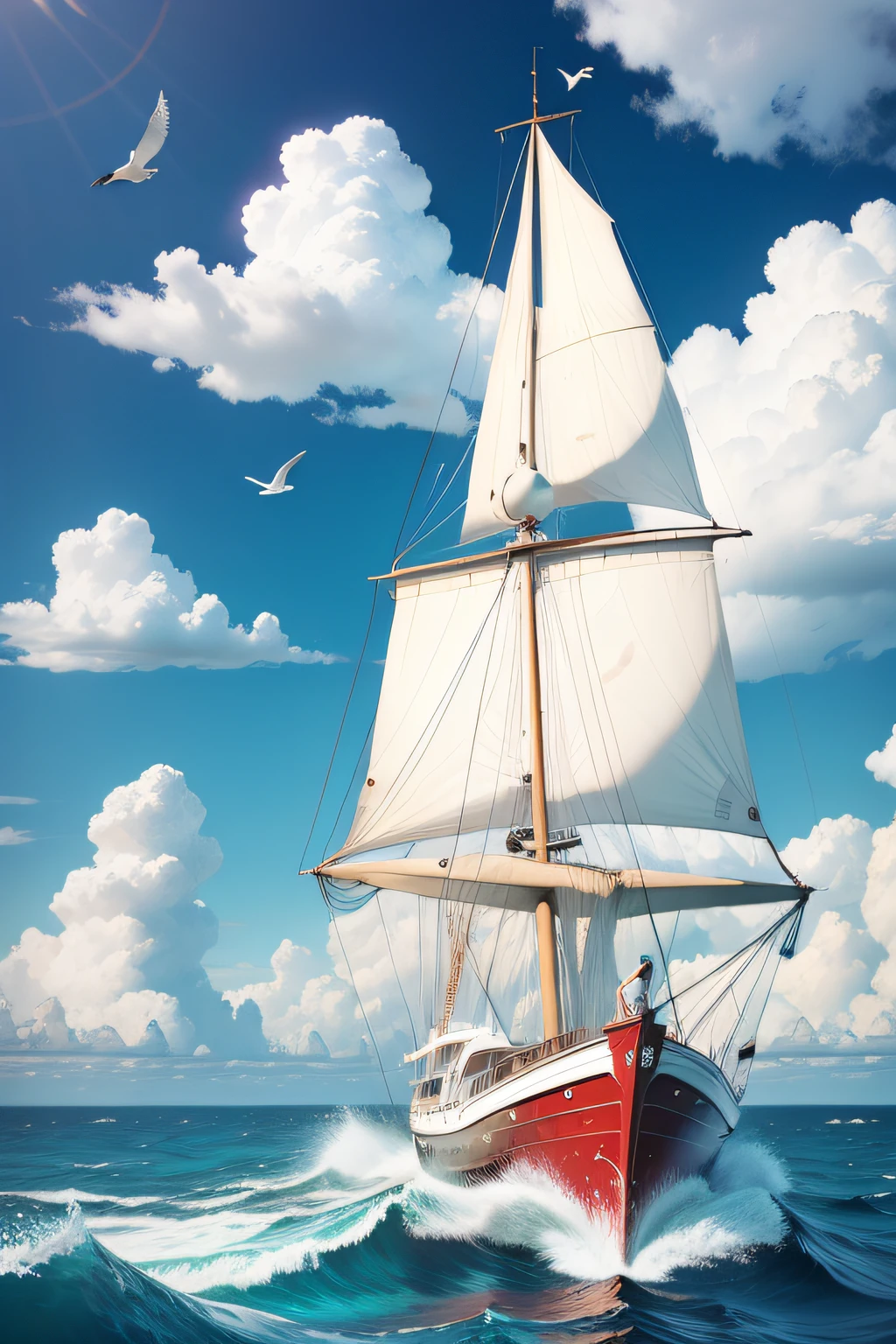 Ocean blue sailing cartoon seagull white clouds