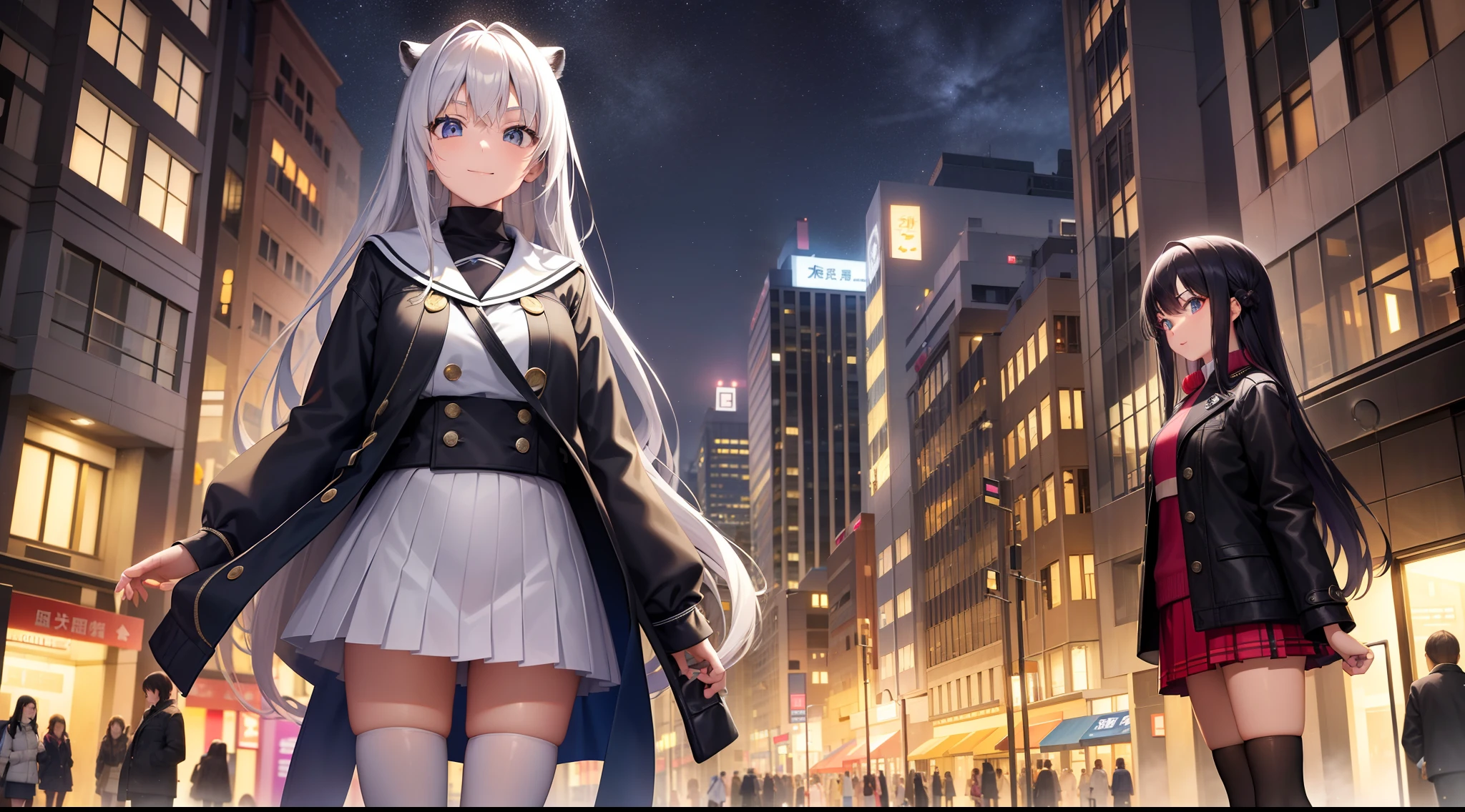 s girl,wind coat,校服,Superskirt,black over-the-knee socks,White skin,Slim,Detailed background,Parallel perspective,A street full of people,Stand at the zebra crossing,Night City,lamplight,Rainbow,exquisite lighting and shadows,ssmile,Superbly detailed eyes,