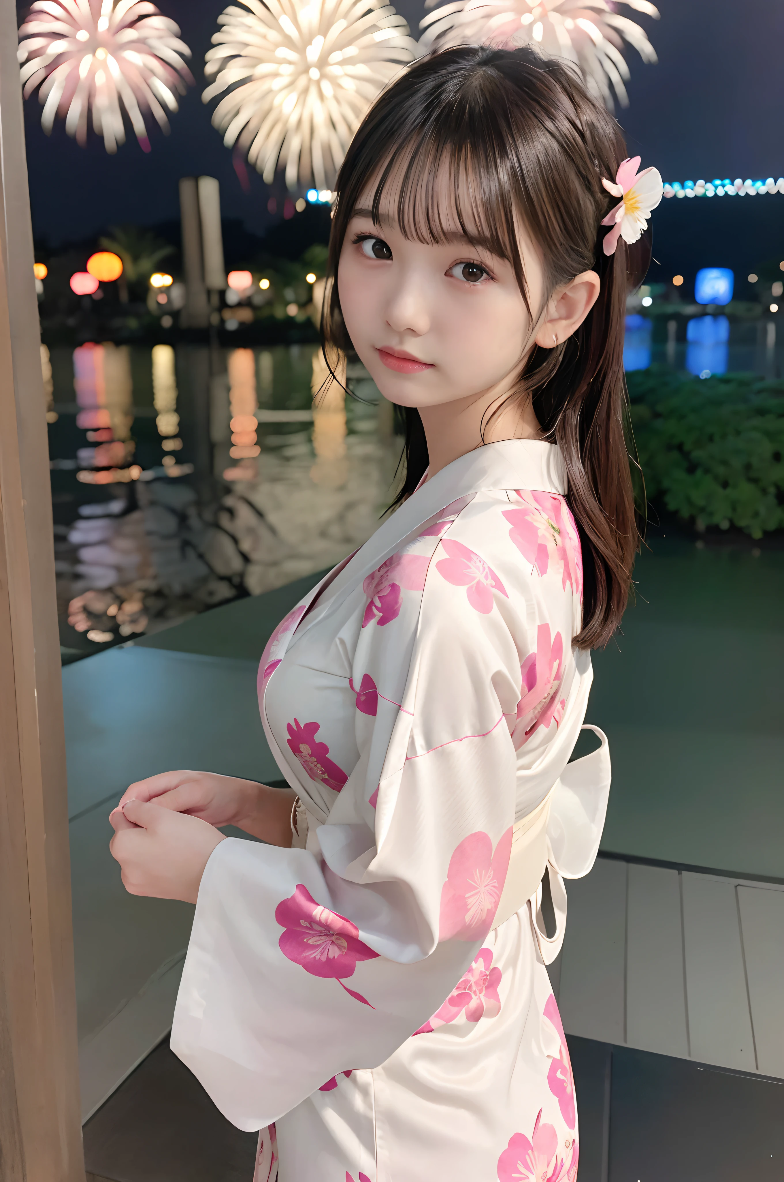 masterpiece, best quality, photorealistic, raw photo, DSLR, beautiful Japanese girl, 15-year-old, solo, highly detailed fair skin, shiny skin, realistic face, beautiful face, (highly detailed realistic eyes), beautiful eyes, bright eyes, double eyelids, look at viewer, (black short hair), (dark short hair), bangs, disheveled hair, slim figure, slim face, big breasts, ((white yukata with pink floral print, look back, traditional Japanese summer festival, fireworks lighting up the night sky)), beautiful lighting, perfect lighting, realistic shadows, highly detailed, highly delicate and beautiful, ultra high resolution, 8k UHD wallpaper,