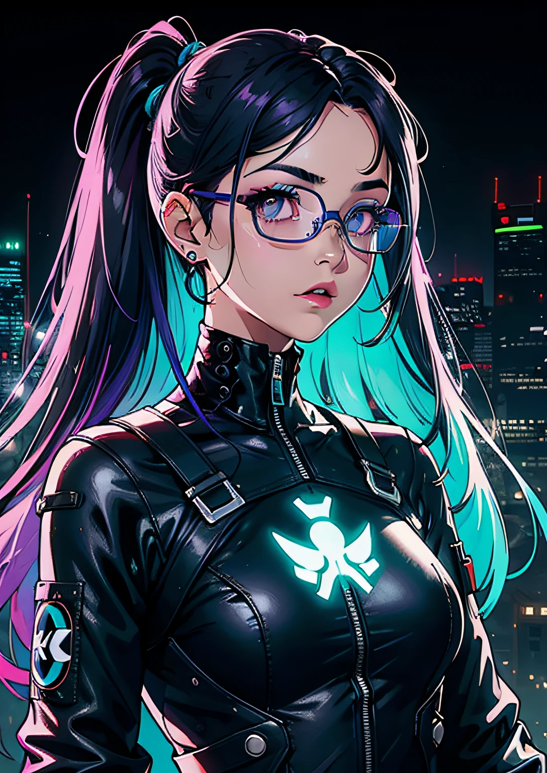 1girl, sozinho, Colouring, olhos verdes, Cyberpunk, Cidade, sinal de paz, brincos, cabelo roxo com detalhes azuis, eyeglass, sardas, prothesis, Mechanicalgirl, neon light, beautiful lighting, purple reflection, smoke billowing, foco do personagem, CG illustration, tiro do busto, roupa azul e preta, peitos grandes