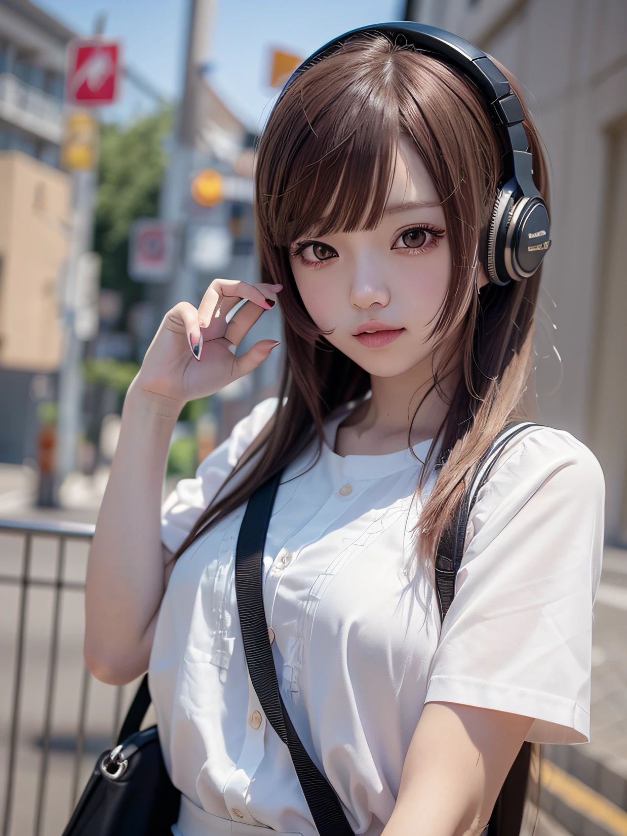 There was a girl wearing a white shirt and headphones, Kawaii realistic portrait, Smooth anime CG art, portrait anime girl, Photorealistic anime, lovely digital painting, realistic anime artstyle, 3 d anime realistic, Realistic cute girl painting, photorealistic anime girl rendering, 3d anime girl, Realistic anime 3 D style, Realistic young anime girl, adorable digital art,Casual hairstyle,ssmile,largeeyes,,Alvine,Bigchest,Full body photo,Extremely beautiful face,Hand down
