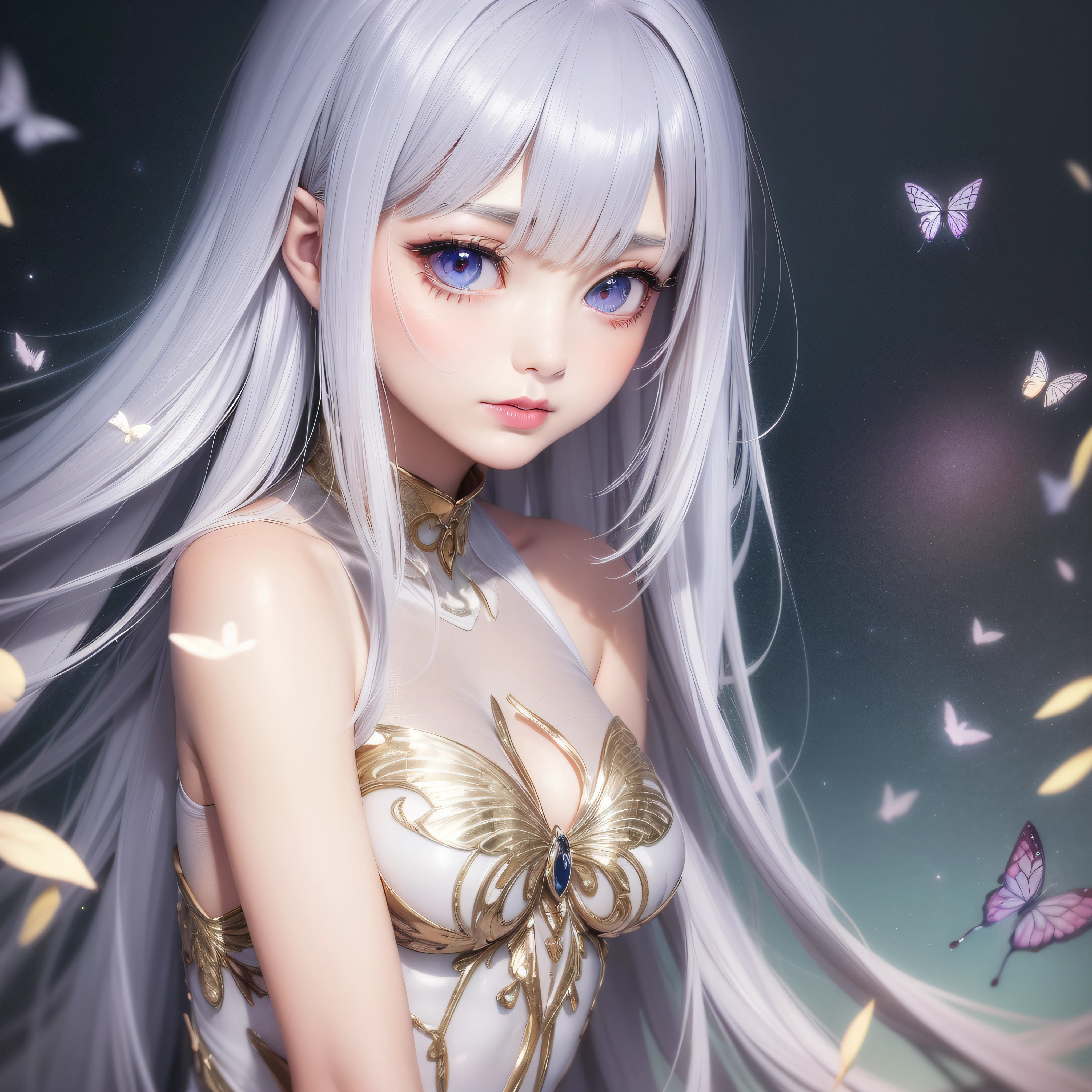 Close up of slim face with raised corners of mouth、Shining eyes、Beautiful 30 year old woman、dreamlikeart、Highly detailed airbrush art、intricate detailes、Volumetric lighting、(top-quality)、(The ultra-detailliert)、Highly detailed colorful details、(Irridescent color:1.2)、(Bright lighting)、Magical、dynamic compositions、Ray traching、The mirror reflects light、Shallow depth of field、ultra-detailliert、mixing exposure、nffsw、vivd colour、colourfull、Rich colors、exquisitedetails、 (butterflys,Exquisite butterflies,Ultra CG), (High resolution:1.5)、(Shining eyes、Crimson eyes、Eye Gloss)(Open lips、dark red lips、lipgloss)、(bangss、Silvery hair、hair gloss)、Spider-Man's white wetsuit