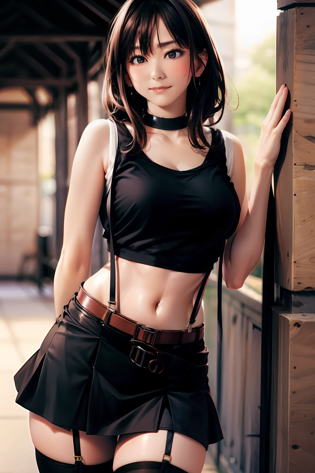 Colossal tits suspenders garterbelts Black stockings Black tank top Armpit sweat a miniskirt Brown hair Gray eyes Futomo hason Tight tank top Fold your hands behind your back a belt walls