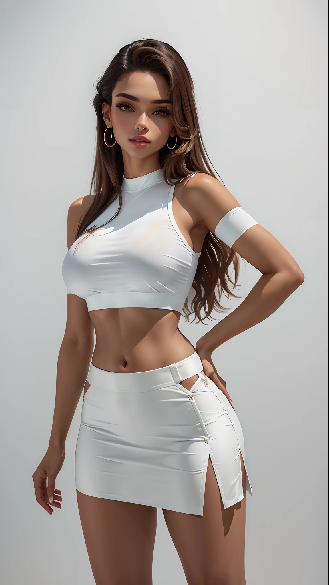 Beautiful woman in white shirt and khaki skirt posing for photo, usando um top cropped sexy, usando um top cropped, midriff exposto, pele bronzeada uma camiseta e saia curta, vestido com um top e saia curta, Bonito midriff, tinyest midriff ever, usando um top cropped, usando crop top, usando um crop top