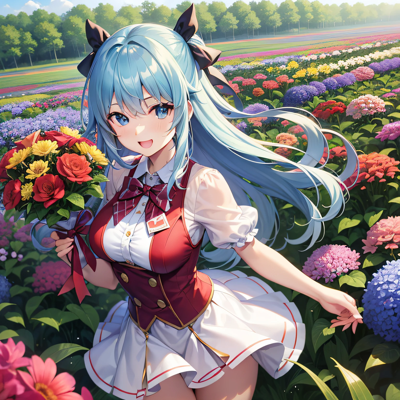 People Girls、anime styled、full bodyesbian、Dancing happily、(blue hairs)、shorth hair、A smile、blue eyess、blazers、(Plain white shirt)、(red bowtie)、(Red checked skirt)、(Black stockings)、Absolute area、hightquality、best qualtiy、emphasizing thighs、Holding a bouquet of flowers、flower field、summer sunlight