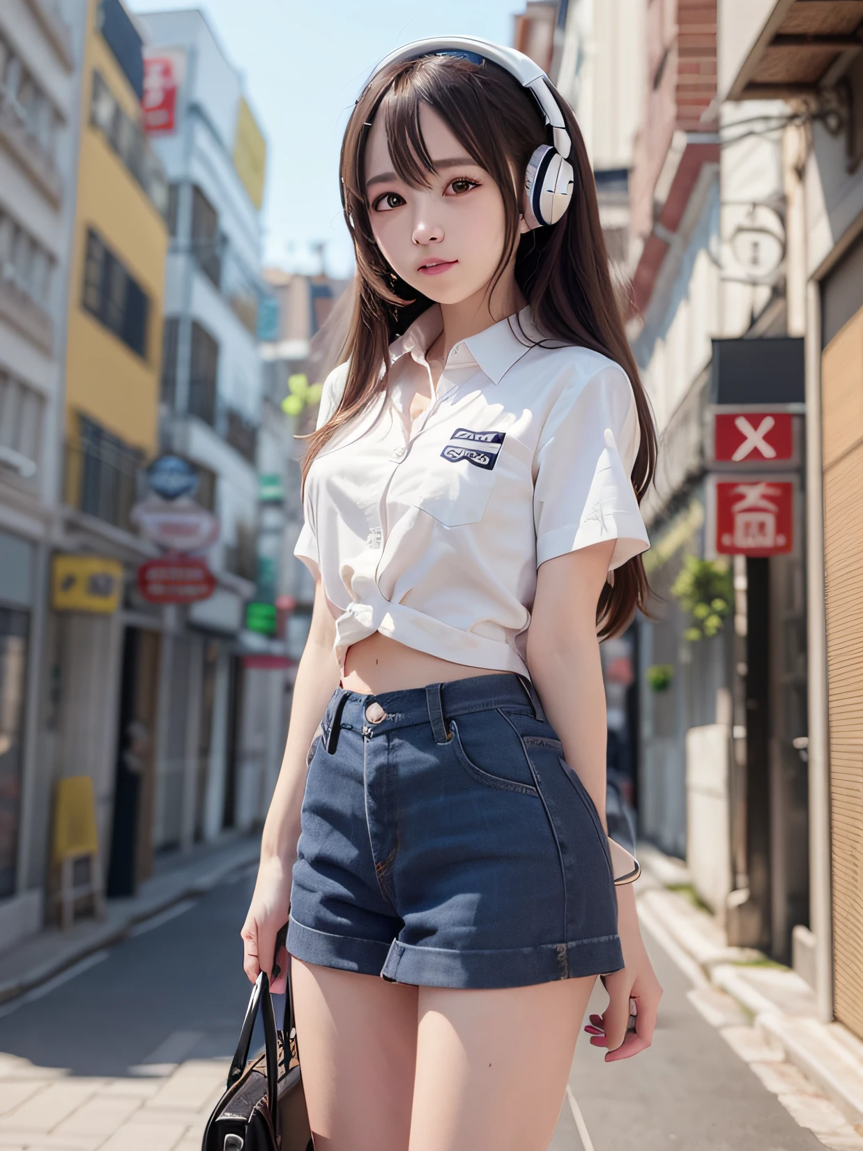 There was a girl wearing a white shirt and headphones, Kawaii realistic portrait, Smooth anime CG art, portrait anime girl, Photorealistic anime, lovely digital painting, realistic anime artstyle, 3 d anime realistic, Realistic cute girl painting, photorealistic anime girl rendering, 3d anime girl, Realistic anime 3 D style, Realistic young anime girl, adorable digital art，Casual hairstyle,ssmile,largeeyes,,Alvine，Bigchest，Full body photo，Extremely beautiful face，Hand down