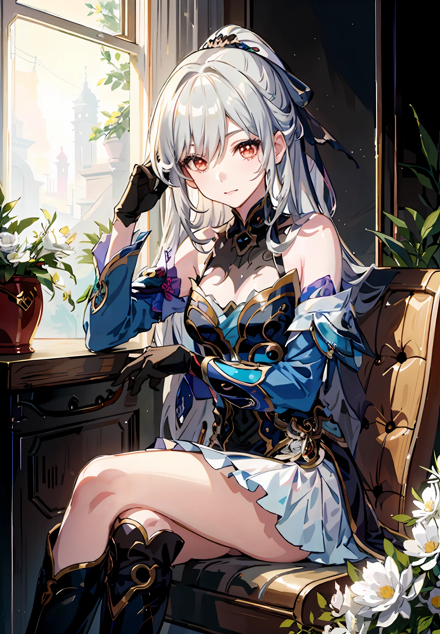 Anime girl sitting on chair with flower pot in hand, cute anime huaifu in beautiful clothes, beautiful and seductive anime woman, epic light novel art cover, 8k high quality detail art, epic light novel cover art, beautiful anime girl, beautiful anime woman, detailed key anime art, seductive anime girl, anime goddess, beautiful fantasy anime, 4K