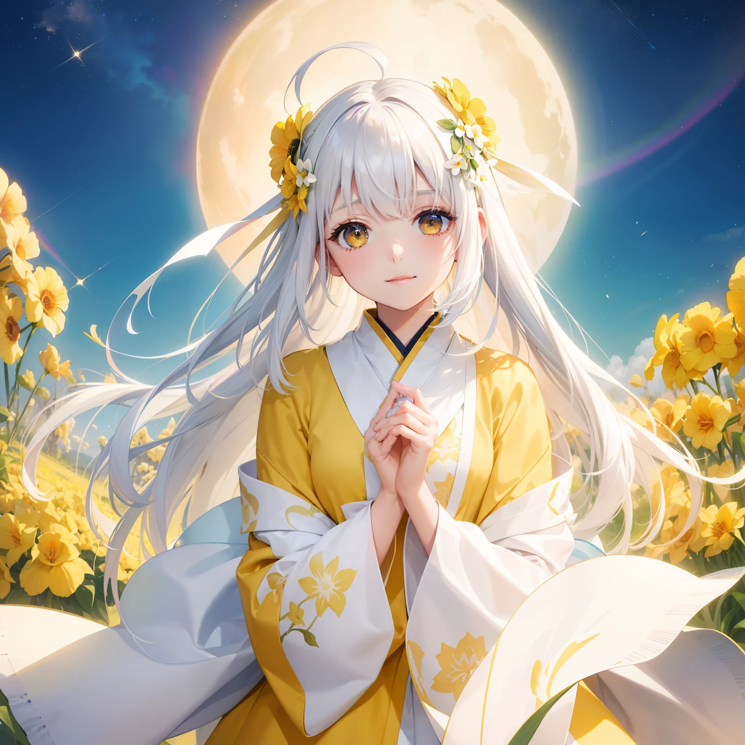 watercolor paiting(Beautifully Aesthetic:1.2)、(1girl in:1.3)、(Semi-yellow hair and semi-white hair,:1.2)、natta、colourfull、starrysky、sacredness、Yellow irises flowers、Yellow irises are blooming、Fantastical、happily face、Wearing a yellow and white kimono、I believe、faithful、Rainbow Goddess