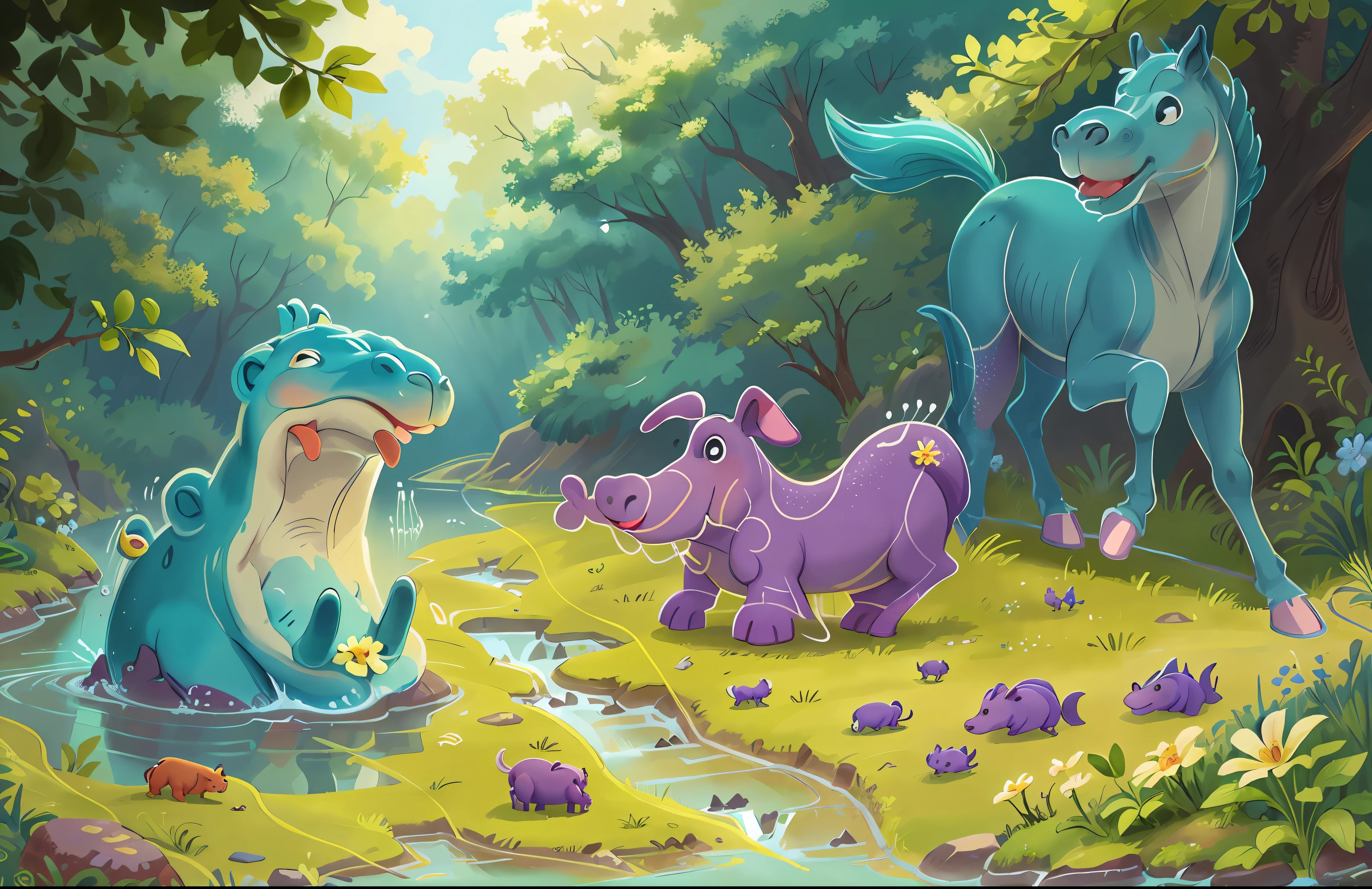 hippopotamus swimming in the river, dog and horse on the flowery grass, perfect quality, clear focus (clutter - home: 0.8), (masterpiece: 1.2) (realistic: 1.2) (bokeh) (best quality) (detailed skin: 1.3) (intricate details) (8K) (detail eyes) (sharp focus), (happy)