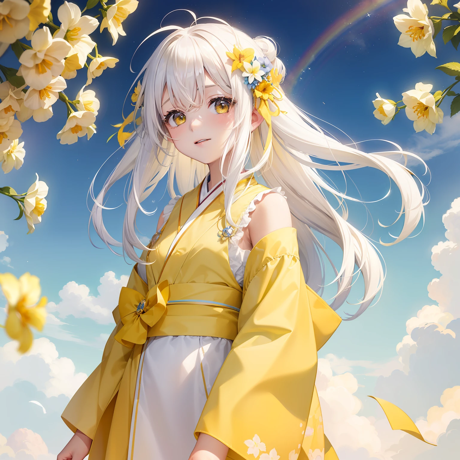 watercolor paiting(Beautifully Aesthetic:1.2)、(1girl in:1.3)、(Semi-yellow hair and semi-white hair,:1.2)、natta、colourfull、starrysky、sacredness、Yellow irises flowers、Yellow irises are blooming、Fantastical、happily face、Wearing a yellow and white kimono、I believe、faithful、Rainbow Goddess