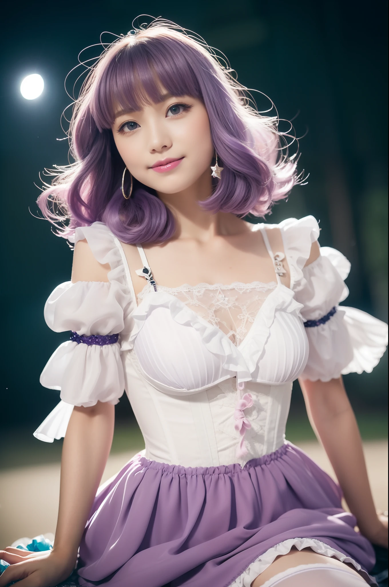 photogenic、独奏、top-quality、masterpiece、Angle from above、Japan women、Harajuku Girls、A smile、、pale purple blonde hair、Lustrous hair、Very short、Purple hair、large puffy perm,、Fluffy perm、perm、Stardust Sparkling Hair、Korean Style Beauty、big eye、Double eyes、small tits、Sitting on the crescent moon in the night sky、(Ruffle frills, Chiffon Lace Ribbon Suspenders, (Stripe Design Pastel Coloring Dress), Open Colorborn, puff sleeves, Tied thin ribbon corset, See-through balloon skirt, White Net Tights, Colorful star-shaped bead accessories)、bokeh dof