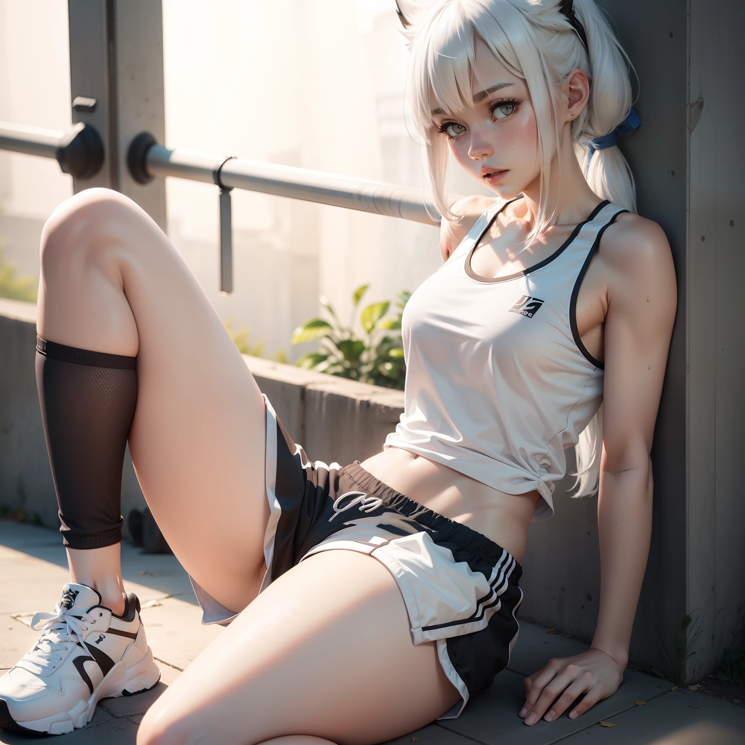 White-haired beast-eared girl, Sport Tank Top, sweat shorts, athletic sneakers