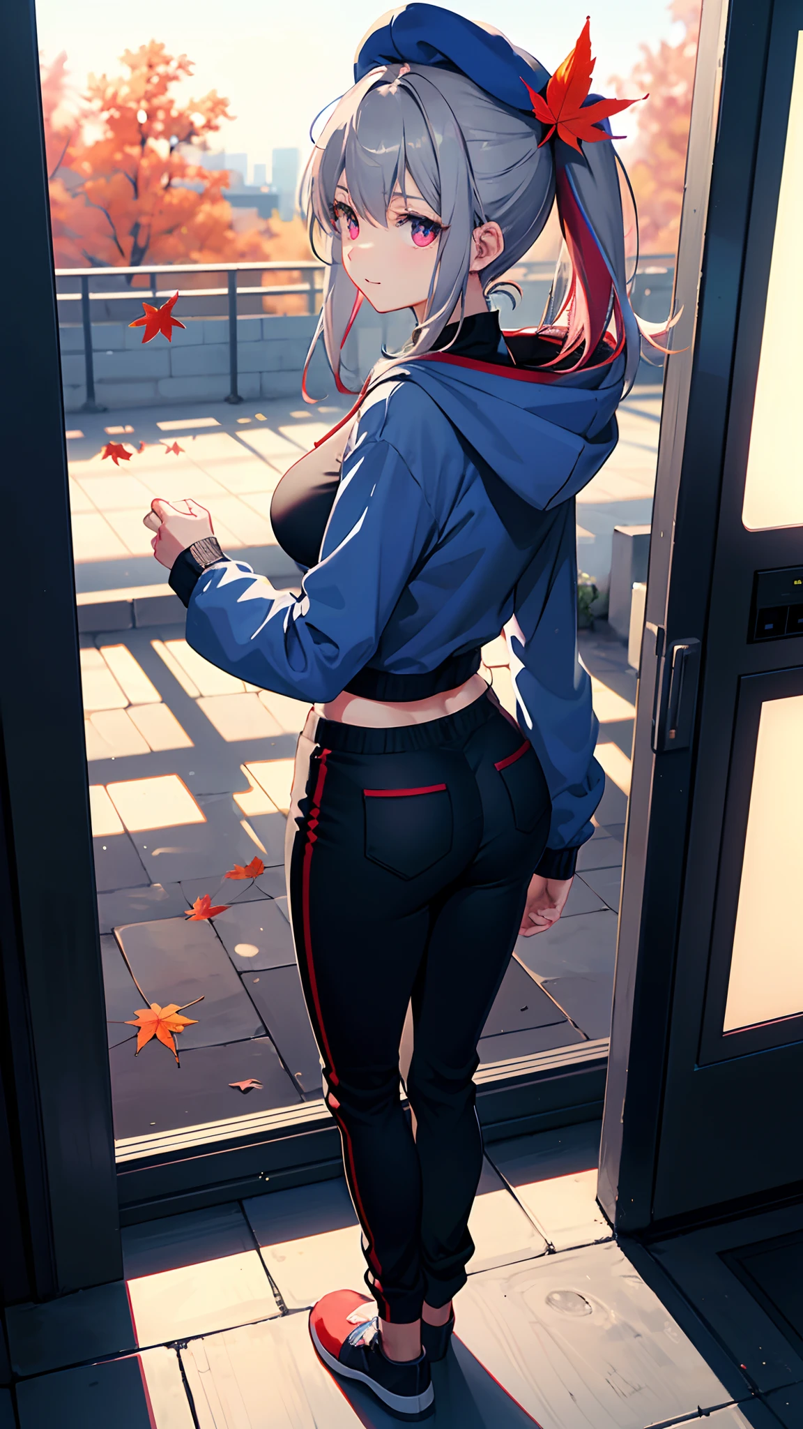 (Highest image quality，tmasterpiece，style of anime：1.5)，Back lens，A big sister，Small stature，beret，(Bright gray hair，Low ponytail)，(Red and blue gradient eyeballs)，In the daytime，vending machine，Maple leaves fall，Pure，ssmile，back to look back，Shift angle，Lots of details，Wear high-contrast clothing，hoody，tall nose bridge，(long trousers，Slightly expose the groin)，The light from the back window is backlighted，dream magical，long eyelasher，Big breasts Thin waist，perfect bodies，toplight