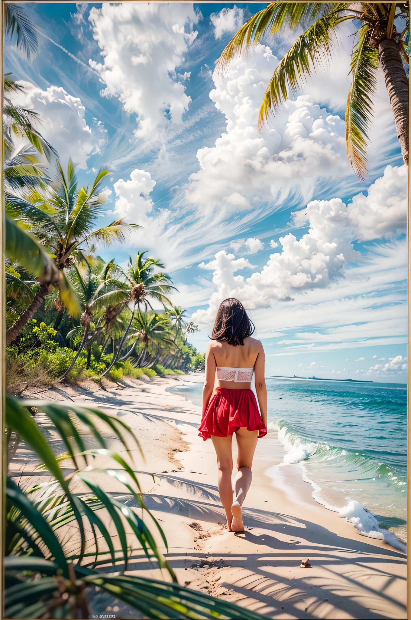 (Masterpiece), (intriciate detail), (Photorealistic:1.3), (film grain:1.3), 22yo woman, red a-line miniskirt, see-through strapless_bra, A cinematic aerial shot capturing the breathtaking expanse of a white sandy beach stretching alongside the vibrant emerald sea, framed by swaying palm trees.