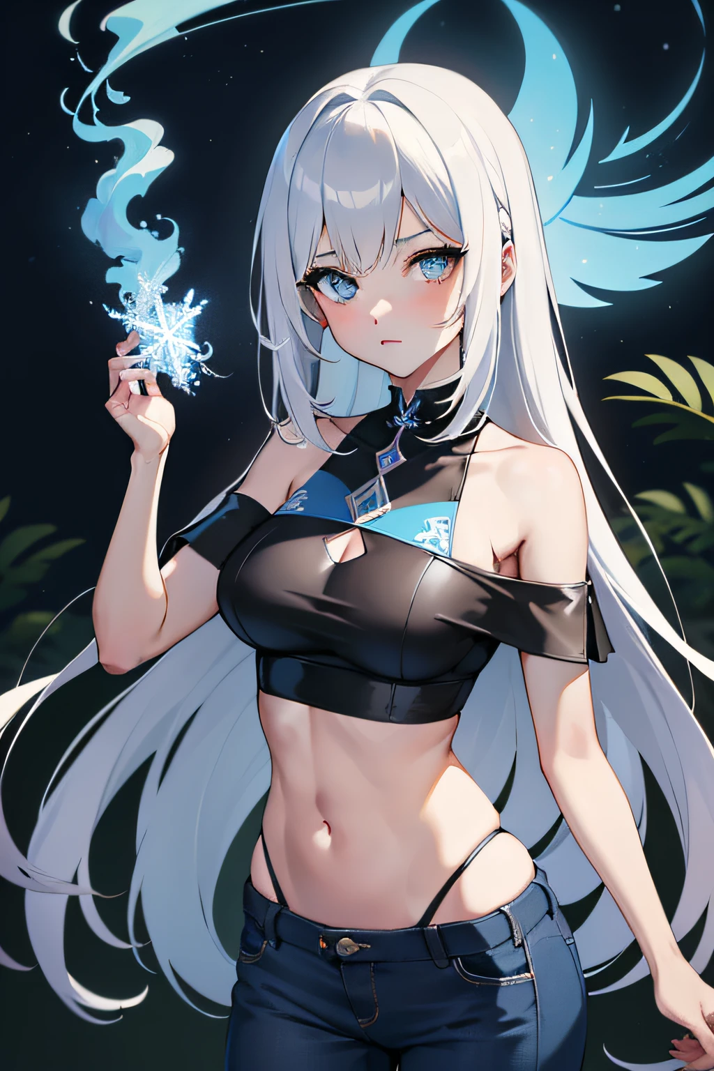 obra-prima, melhor qualidade, nsfw, 1girl, cabelo platinado, cabelo curto, olhos azuis brilhantes, pequenos seios perky, na floresta, noite, luz da lua azul intenso, T-shirt preta, braless, black pant, cara de poker, vista frontal, standingn, em volta de sombras, mysterious bluish aura mending on the body in the form of mystical aura, feiticeira, cryocinese.