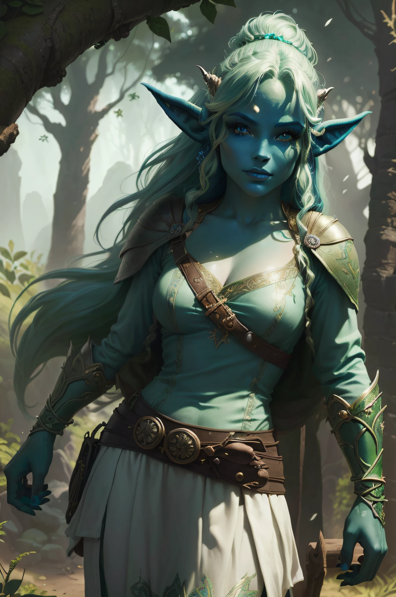 Arafed Mujer de ojos azules y cabello verde en un bosque, Artgerm Julie Bell Beeple, Elfo de piel azul, elfo azul, Retrato femenino de duende, Tiefling azul, Elfo con piel azul, Seductor Druida Tiefling, Atractivo Druida Tiefling, Un retrato de un elfo, Detailed Matte Fantasy Portrait, D hiperrealista & d fantasy art