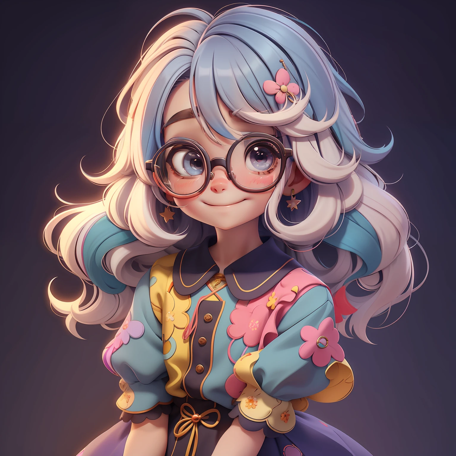 girl, cabelo multicolorido estilo de cabelo, multicolorido, Eyeglasses, sorriso e olhos delicados, vestido de noite extravagante, fundo simples, Melhor Qualidade