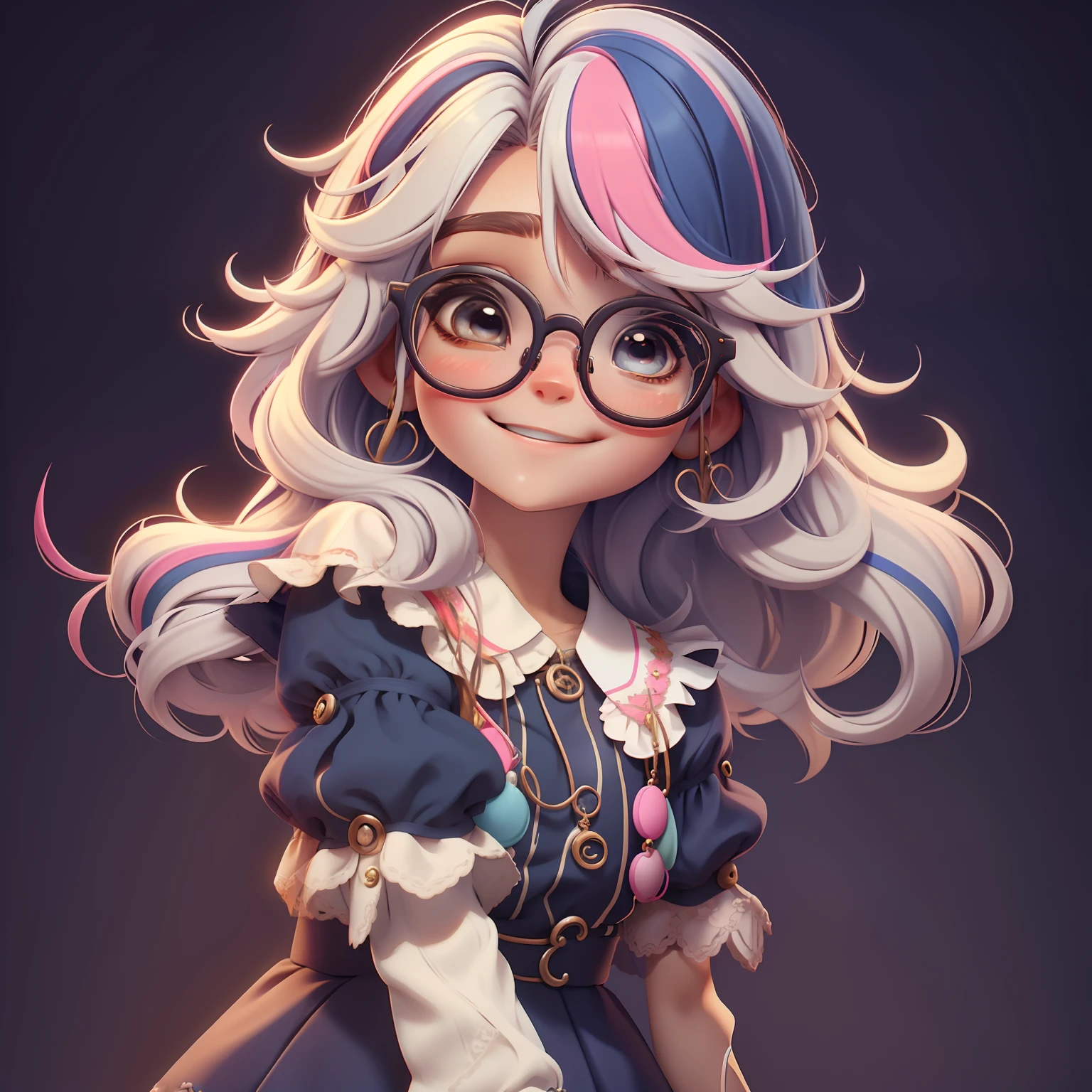 Loli girl, cabelo multicolorido estilo de cabelo, multicolorido, Eyeglasses, sorriso e olhos delicados, vestido de noite extravagante, fundo simples, Melhor Qualidade