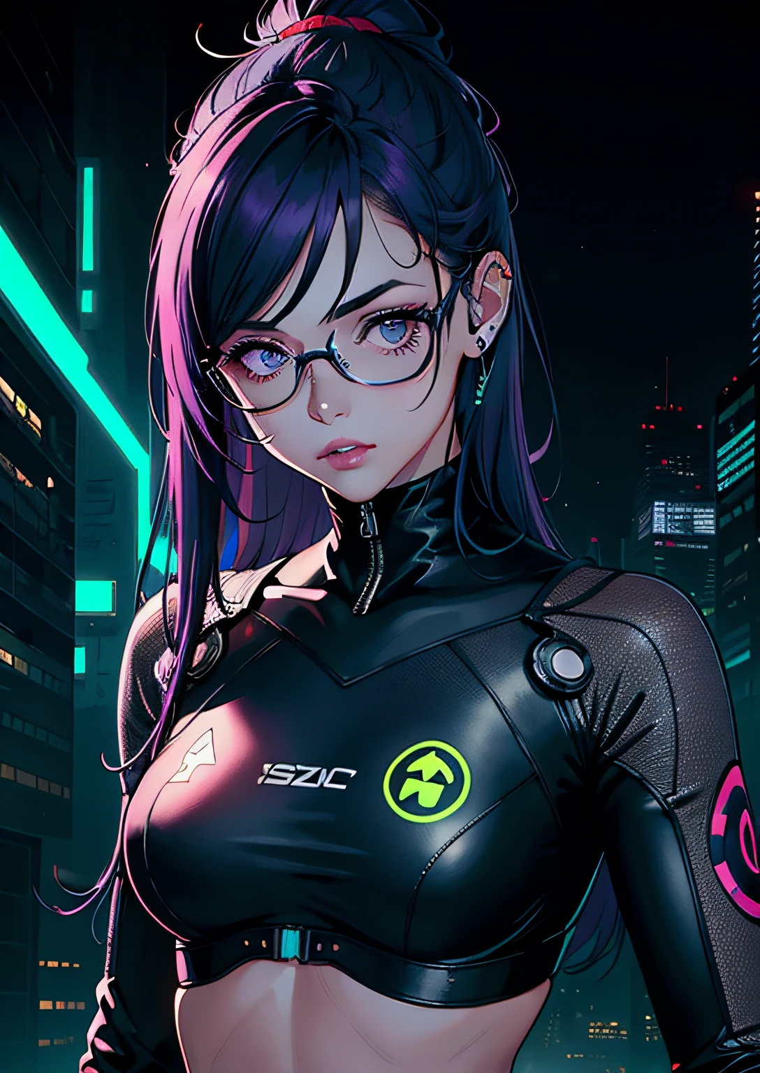 1girl, sozinho, Colouring, olhos verdes, Cyberpunk, Cidade, sinal de paz, brincos, cabelo roxo com detalhes azuis, eyeglass, sardas, prothesis, Mechanicalgirl, neon light, beautiful  lighting, purple reflection, smoke billowing, foco do personagem, CG illustration, tiro do busto, roupa azul e preta, peitos grandes