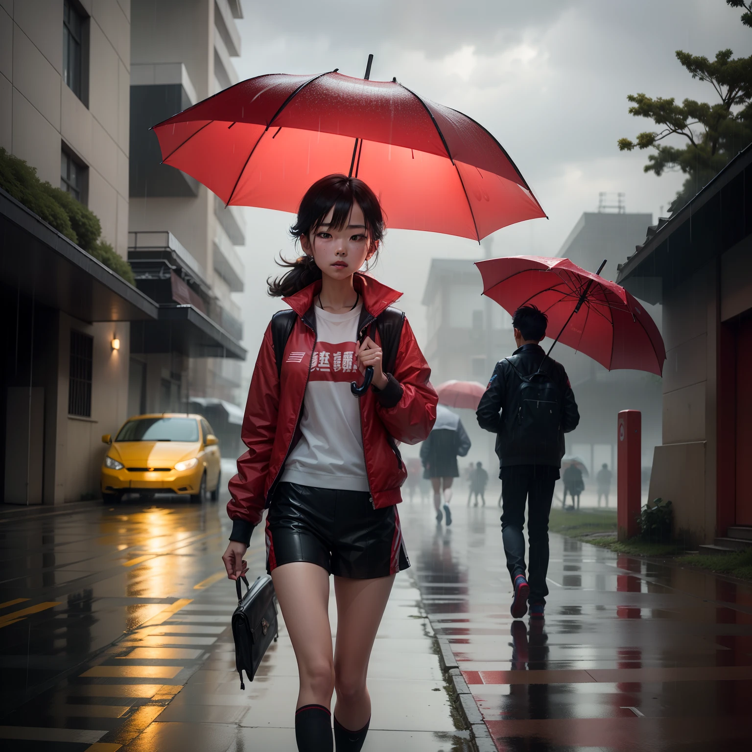 Light rainy days，A school，A red runway，one-girl，Take part in a long-distance run。A boy with，Hold up the umbrella and look at the girl，The scene is slightly matte。4 k hd wallpaper