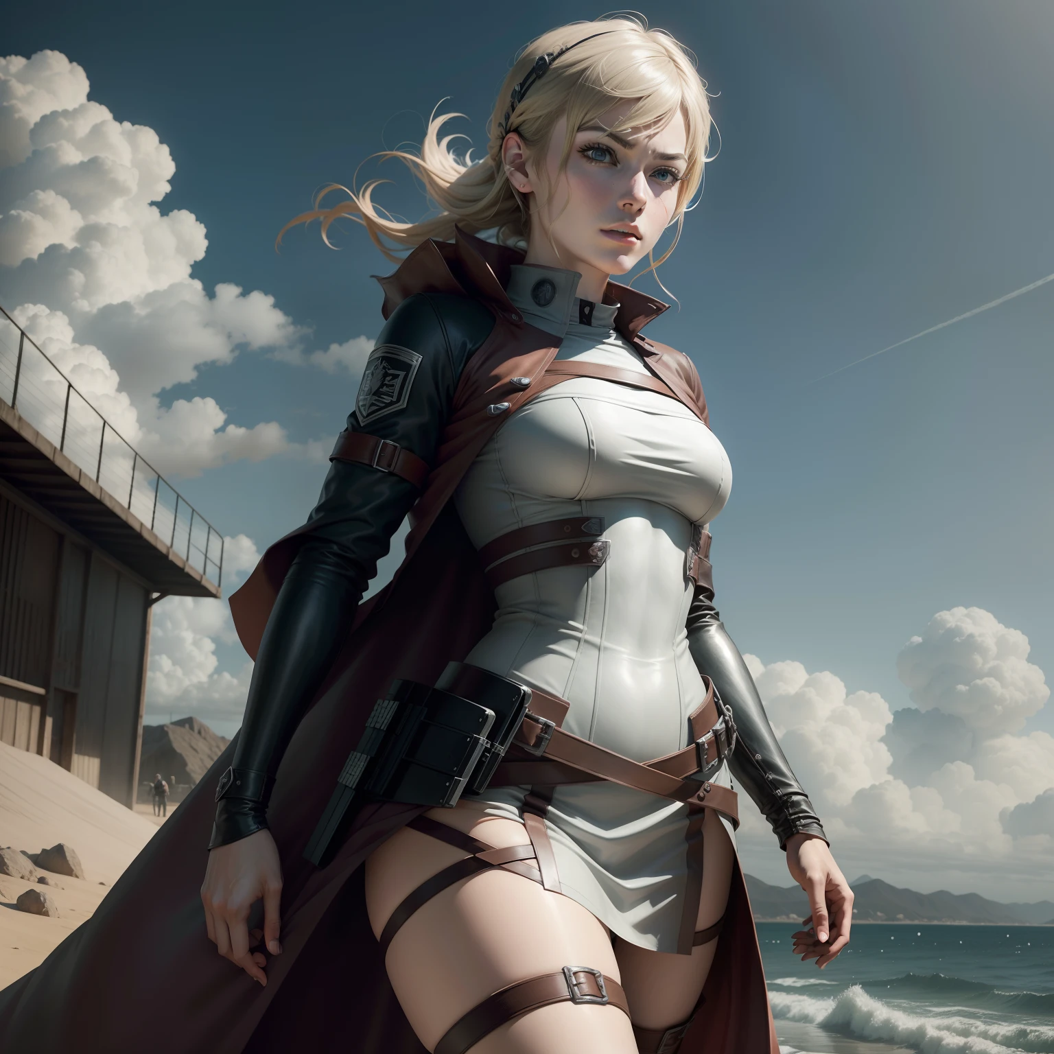 Anime de Rosamund Pike estilo attack on Titan com peito pequeno e um traje colado preto estilo regata cola alta de metal ( olhar imponente) detalhes dourados