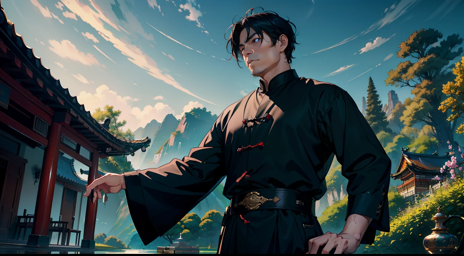 Best quality, masterpiece, an extremely exquisite and beautiful, extremely detailed, CG, 8k wallpaper, best quality, rural China, (a middle-aged man with black hair, black eyes, and black clothes),