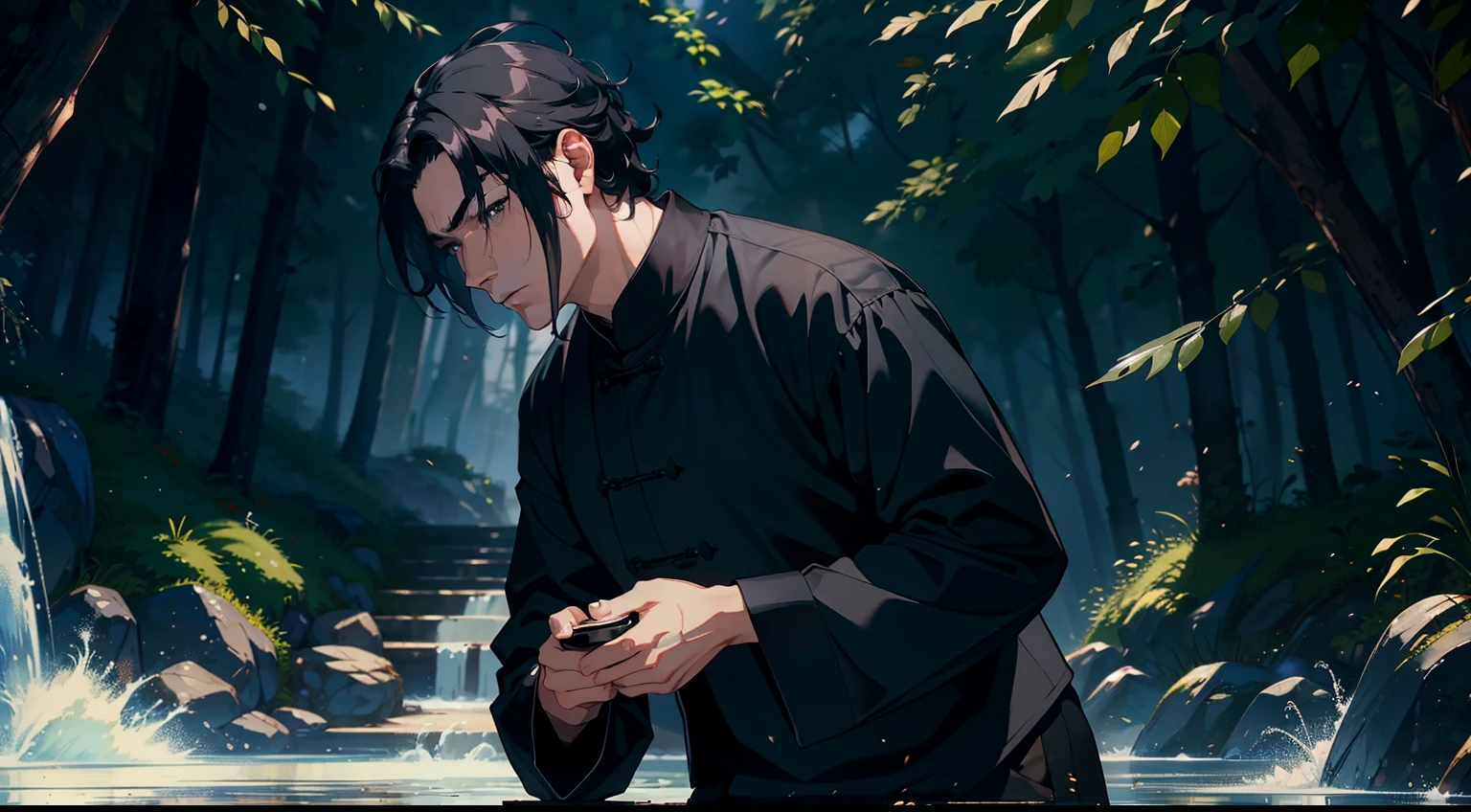Best quality, masterpiece, an extremely exquisite and beautiful, extremely detailed, CG, 8k wallpaper, best quality, rural China, (a middle-aged man with black hair, black eyes, and black clothes),