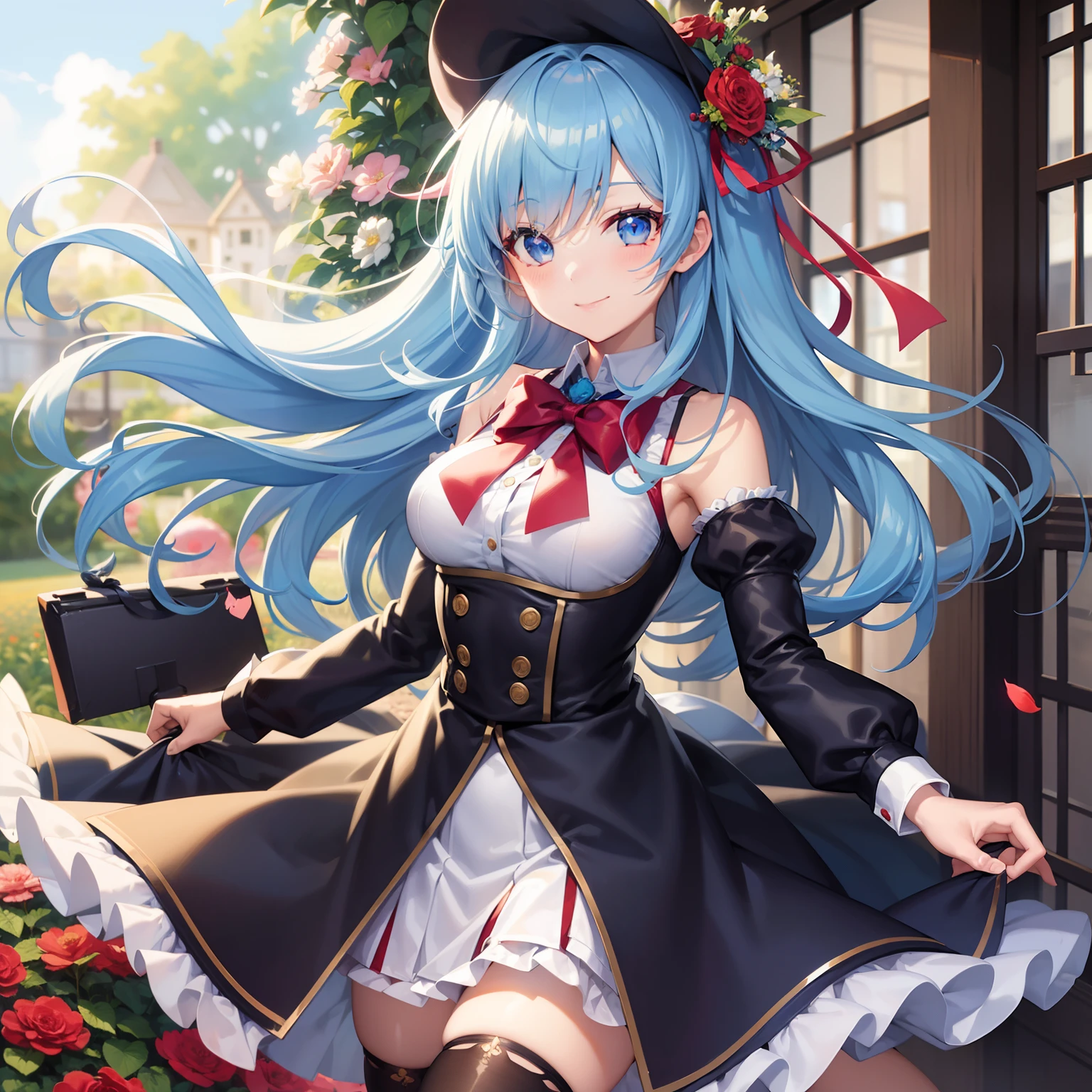 1girl、anime styled、shorth hair、blue hairs、A smile、blue eyess、blazers、white plain shirt、red bowtie、Red checked skirt、Black stockings、Absolute area、full bodyesbian、Dancing、hightquality、best qualtiy、emphasizing thighs、Bouquet in hand、flower  field、summer sunlight
