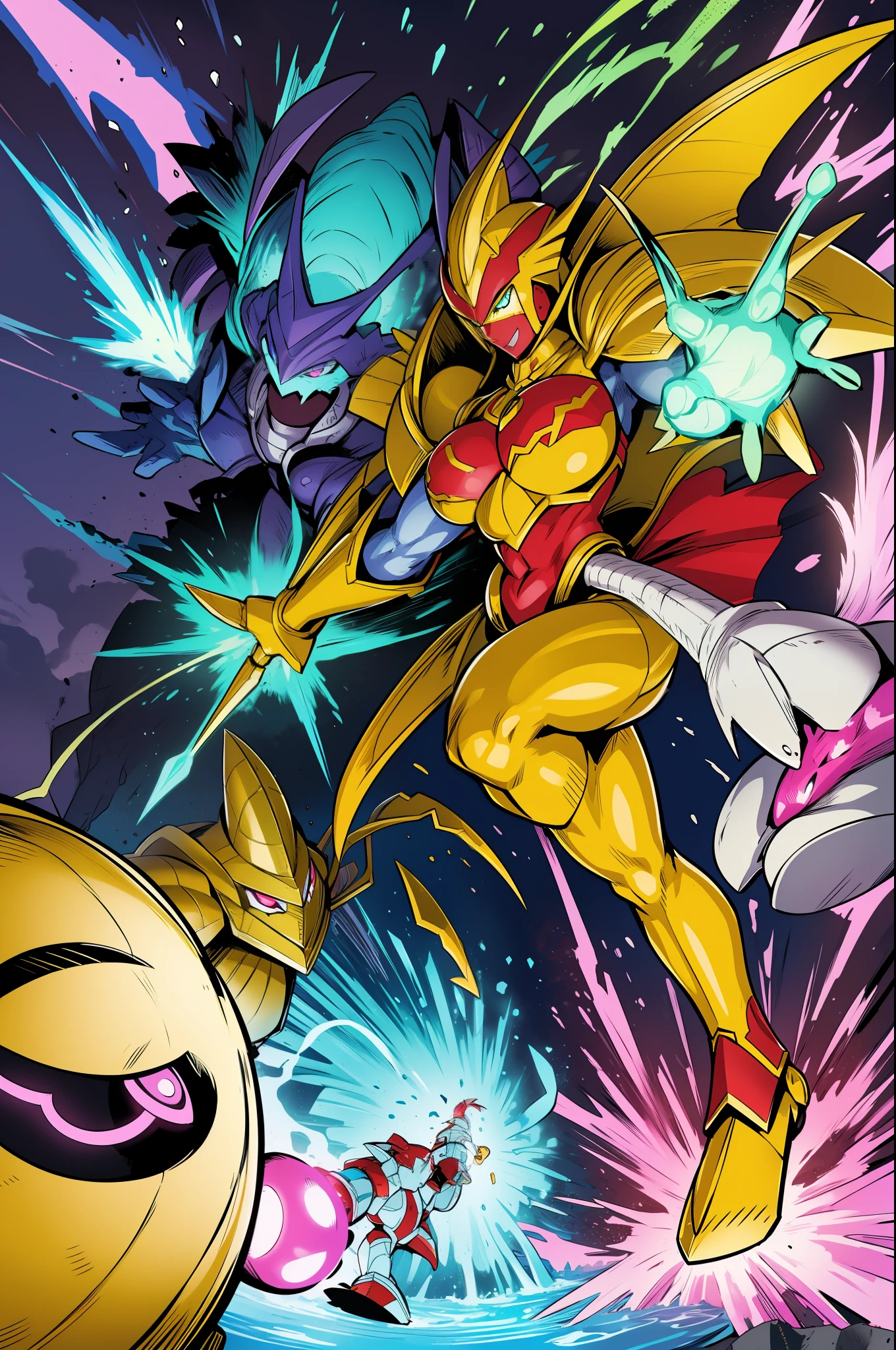 "Powerful barbarian with insect-like angelic armor, reminiscent of Digimon and Guyver, joins forces with a group of sentai heroes. The robot girl with huge breasts adds an overwhelming presence to the scene.",smile