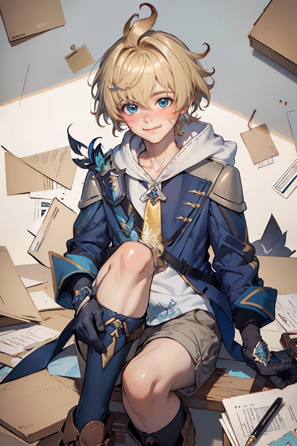 (masterpiece), (best quality), (ultra detailed),(disheveled hair),(illustration), (1boy), short blond hair, blue jacket, blushing, shy smile