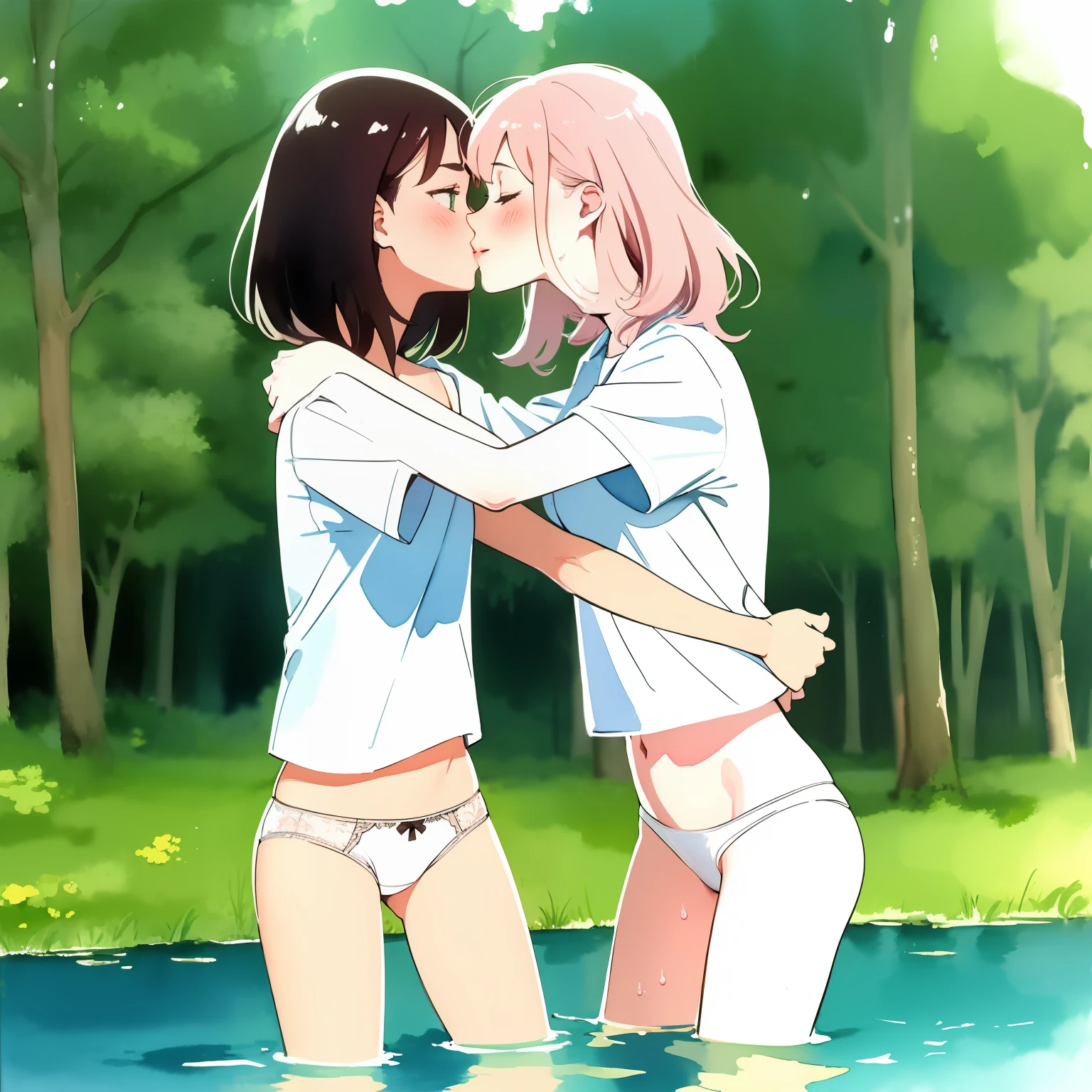 masterpiece, best quality, 2girls, petite, slim, flat chest, school shirt, white panties, (hugging, kissing), love, standing in water, in a forest lake, shy smile, blush, summer, warm, soft light, bright, watercolor