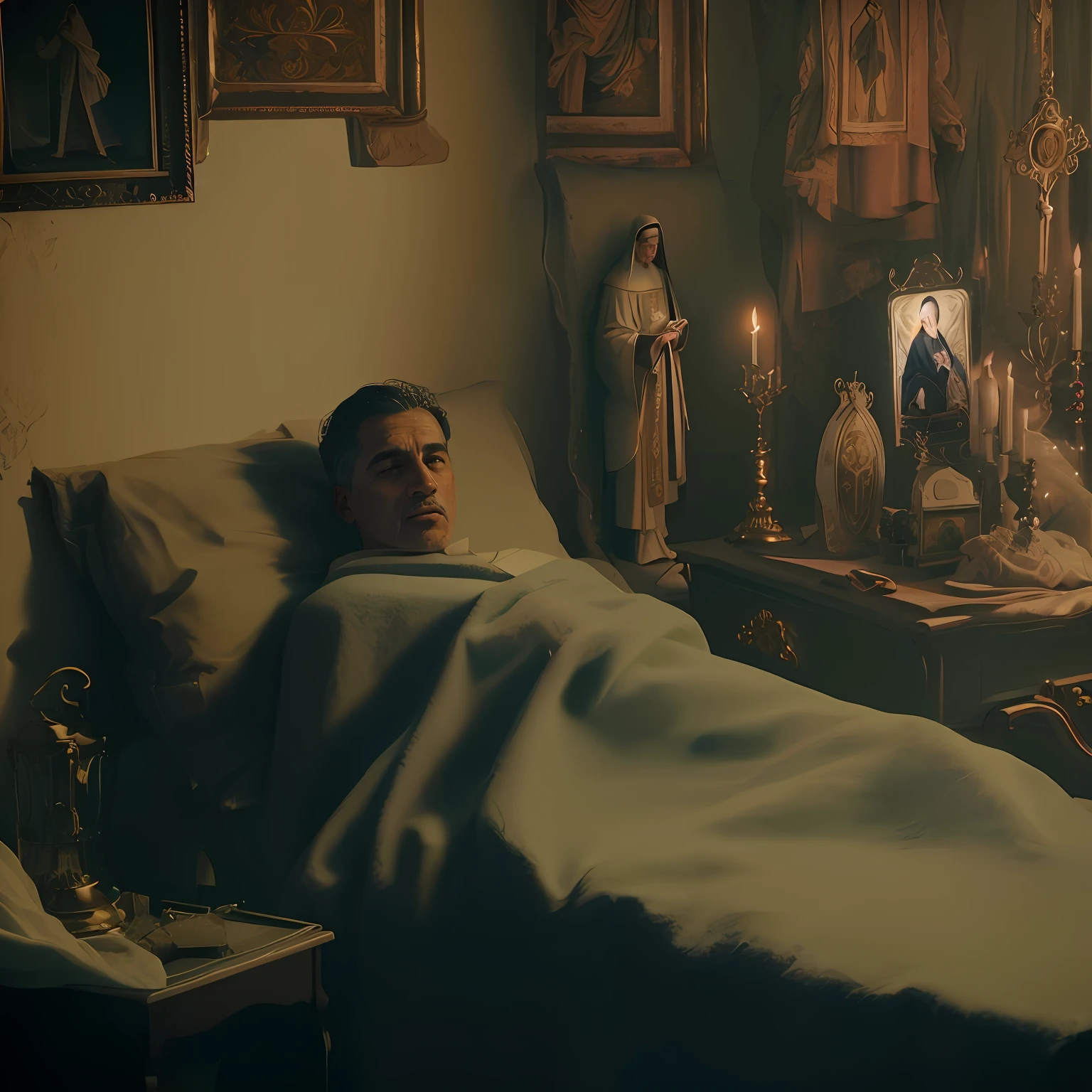 There is a man lying on a bed with a blanket, The Catholic pope in his bed, jayson tatum as mother mary, The Pope is in his bed, the pope wakes up is his bed, still from a music video, Erwin Olavo, ainda do filme, someone in home sits in bed, Ainda quadro de um filme, ainda do filme