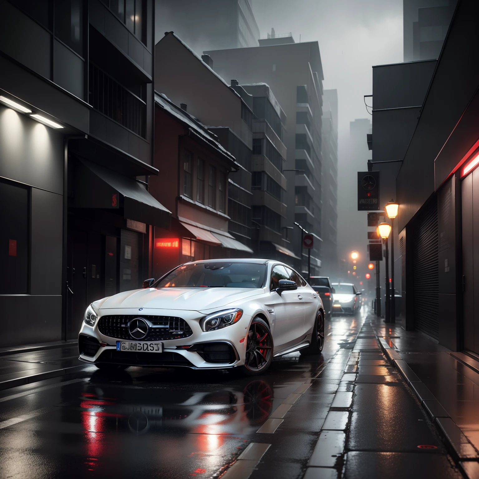 On a rainy day, a Mercedes Benz GT 63 AMG drives into a quiet alley in the city. red led. red light. The surroundings are dimly lit due to the overcast weather. The sleek car's headlights pierce through the gloom, highlighting the wet pavement. The scene is captured in full HD, capturing the contrast between the modern car and the atmospheric urban setting.